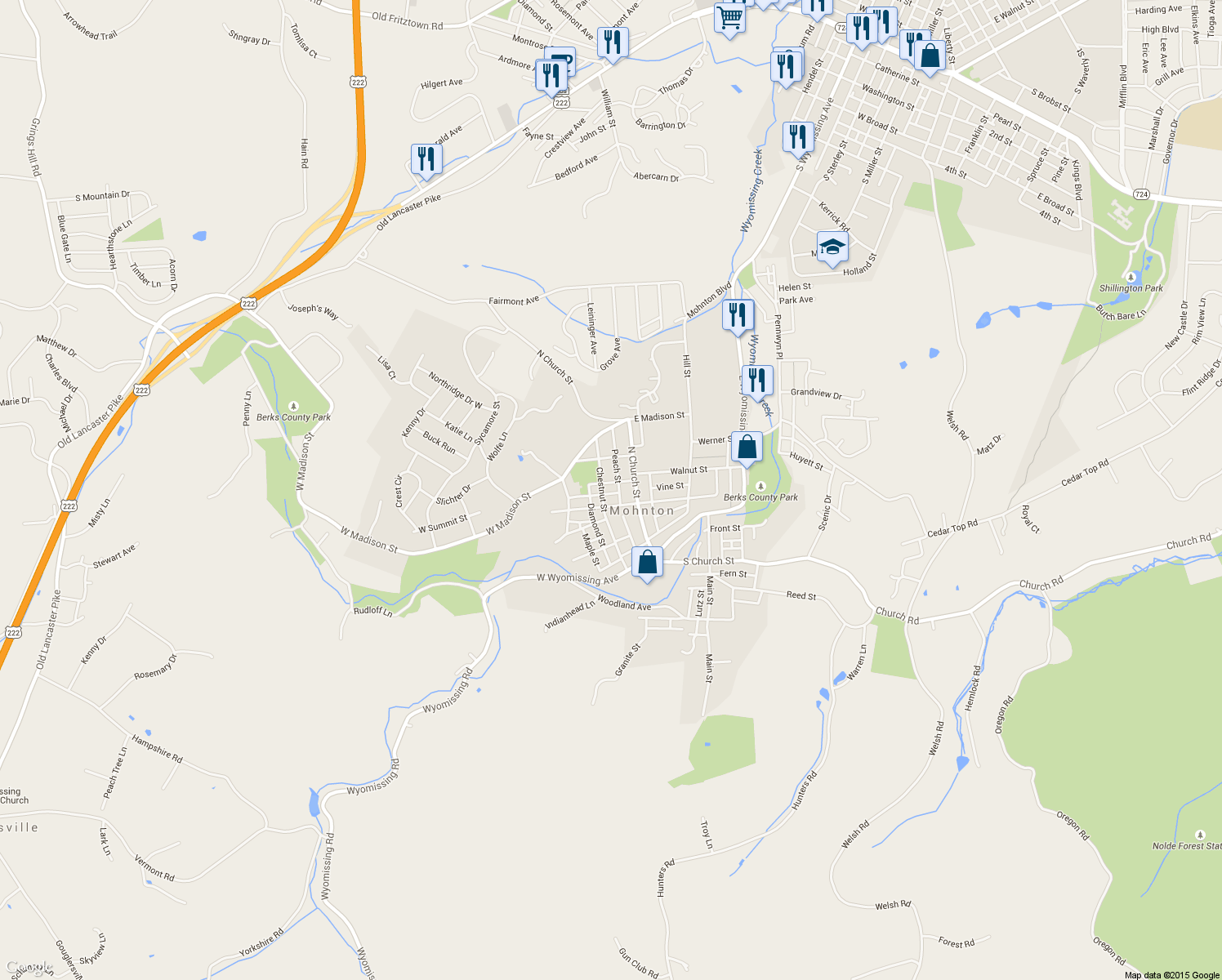 map of restaurants, bars, coffee shops, grocery stores, and more near 115 Chestnut Street in Mohnton