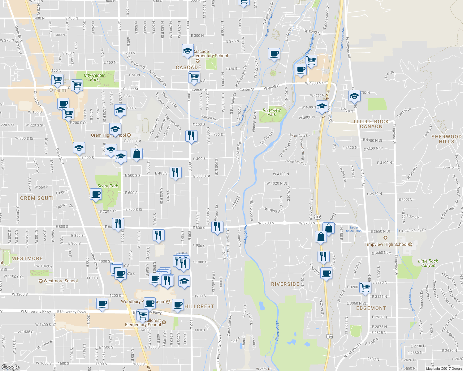 map of restaurants, bars, coffee shops, grocery stores, and more near 544 Carterville Road in Orem