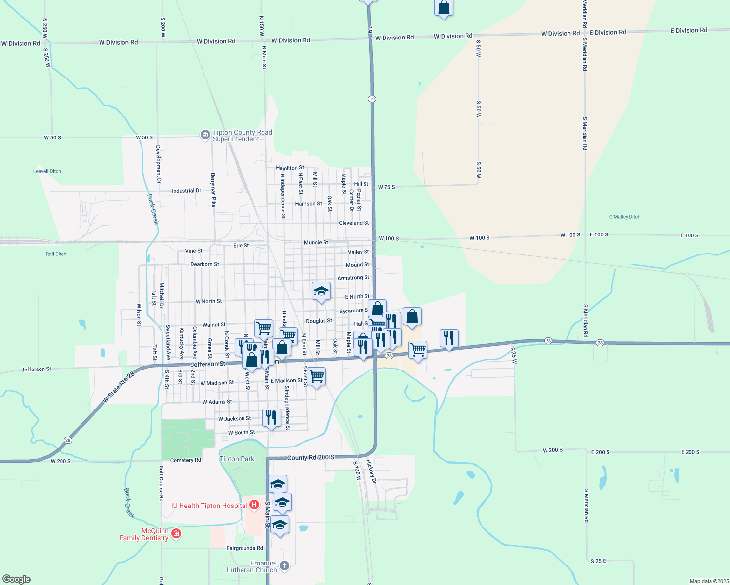 map of restaurants, bars, coffee shops, grocery stores, and more near 409 Poplar Street in Tipton