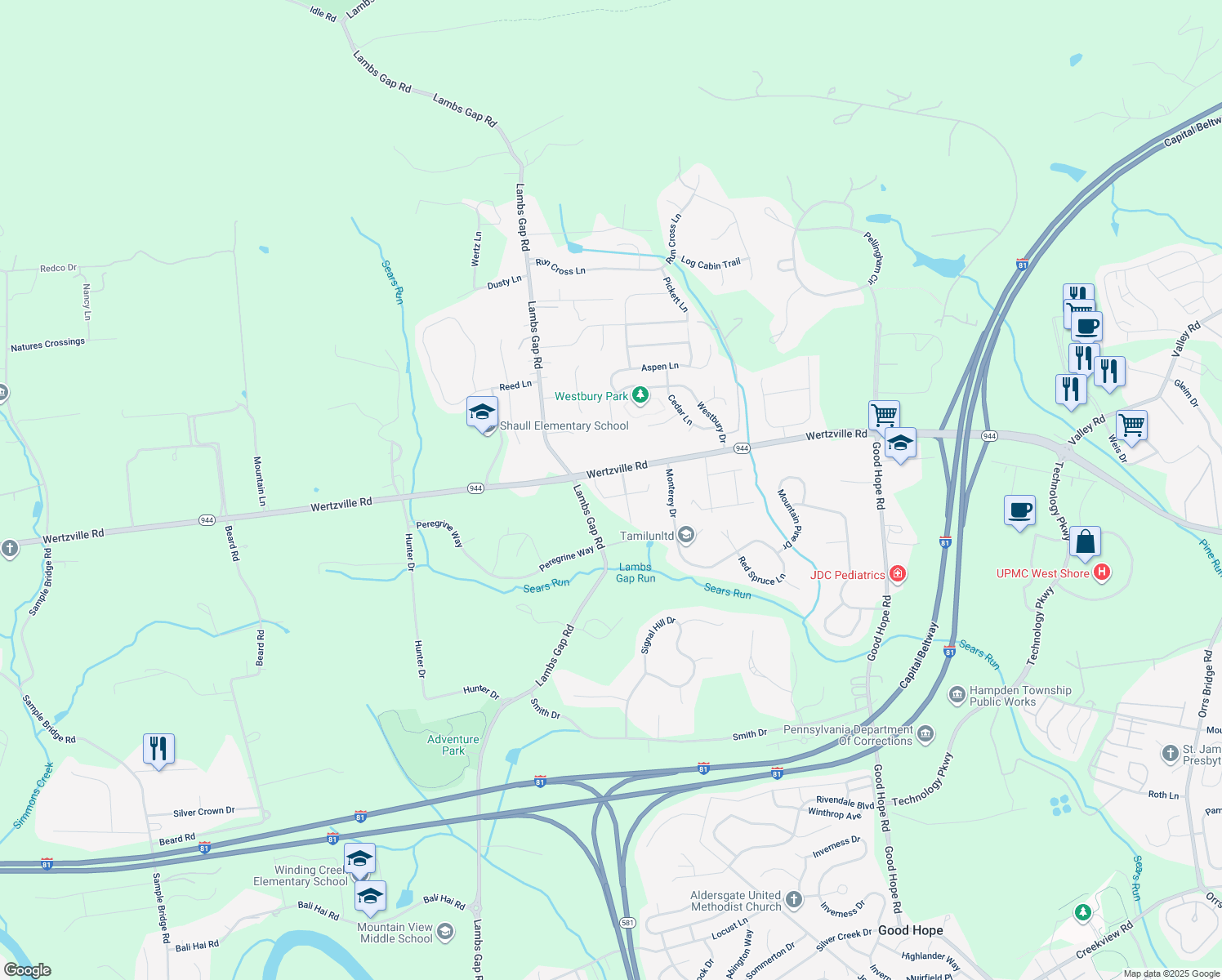 map of restaurants, bars, coffee shops, grocery stores, and more near 6010 Michaele Drive in Enola