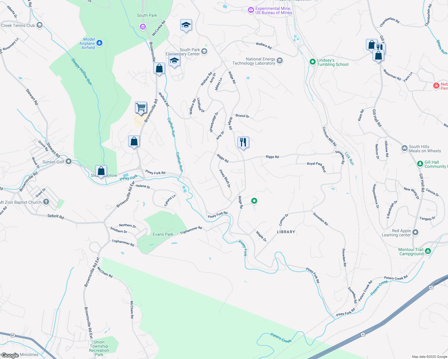 map of restaurants, bars, coffee shops, grocery stores, and more near 3080 Piney Bluff Drive in South Park Township