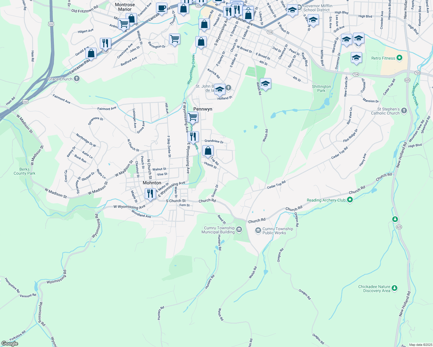 map of restaurants, bars, coffee shops, grocery stores, and more near 823 Scenic Dr in Mohnton