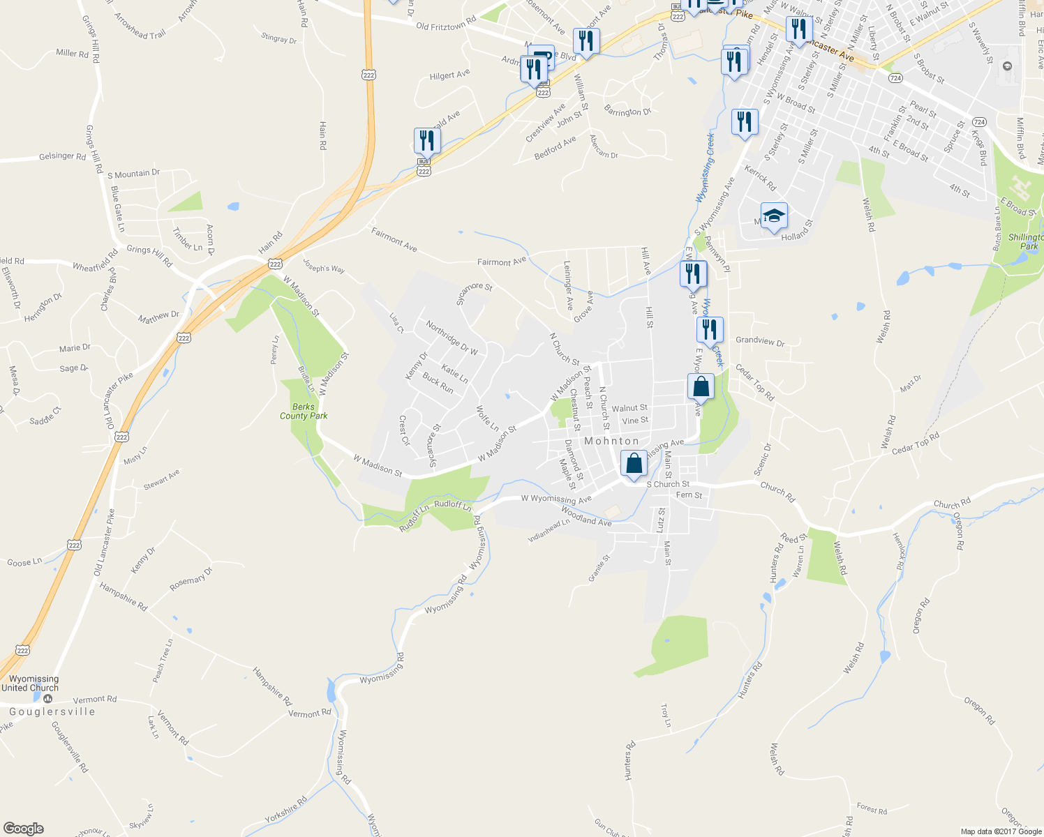 map of restaurants, bars, coffee shops, grocery stores, and more near 159 West Madison Street in Mohnton