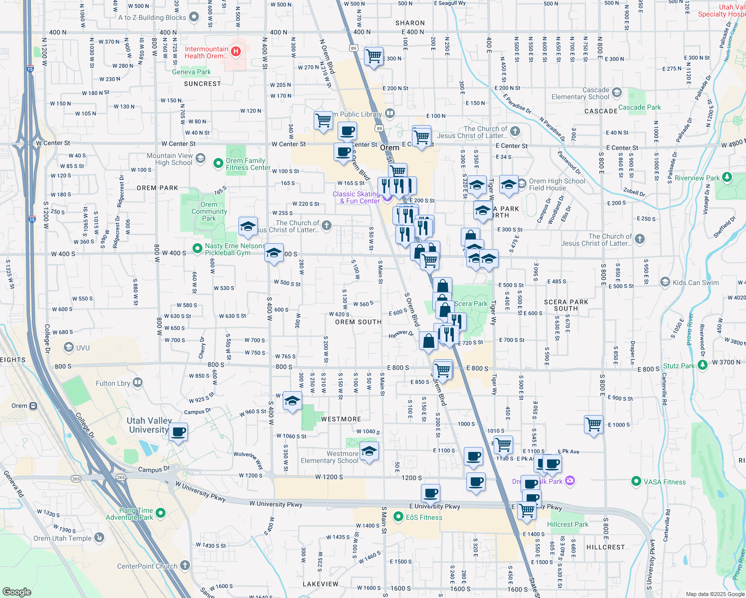 map of restaurants, bars, coffee shops, grocery stores, and more near 26 West 560 South in Orem