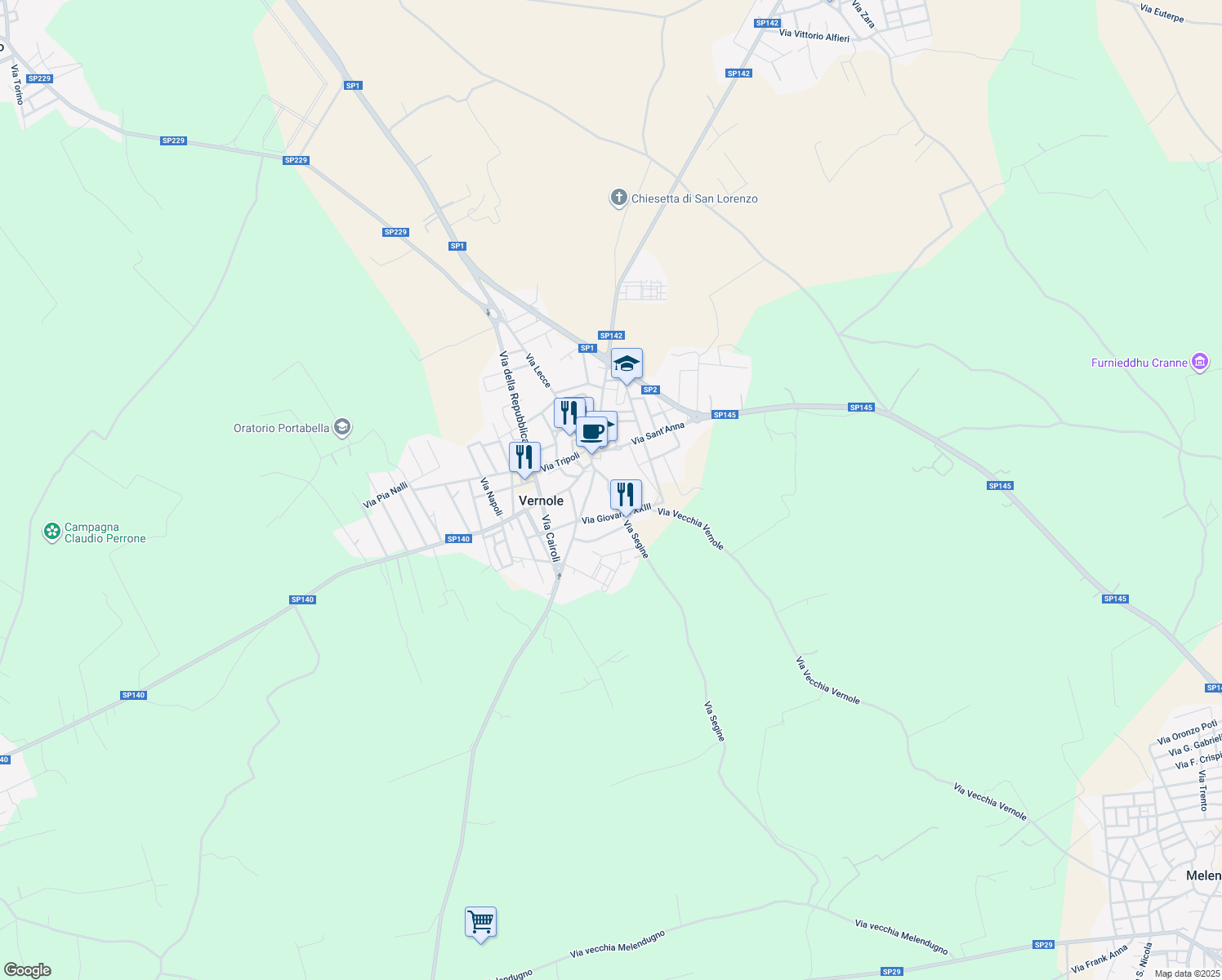 map of restaurants, bars, coffee shops, grocery stores, and more near 69 Via Roma in Vernole