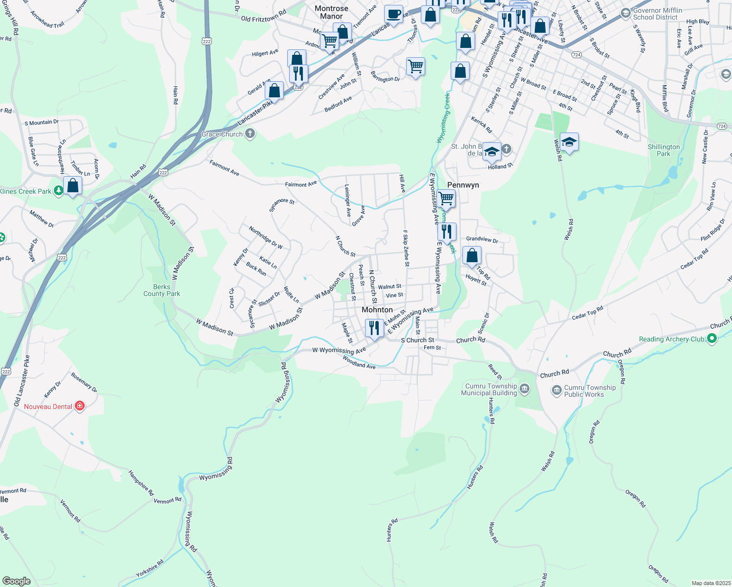 map of restaurants, bars, coffee shops, grocery stores, and more near 27 Peach St in Mohnton