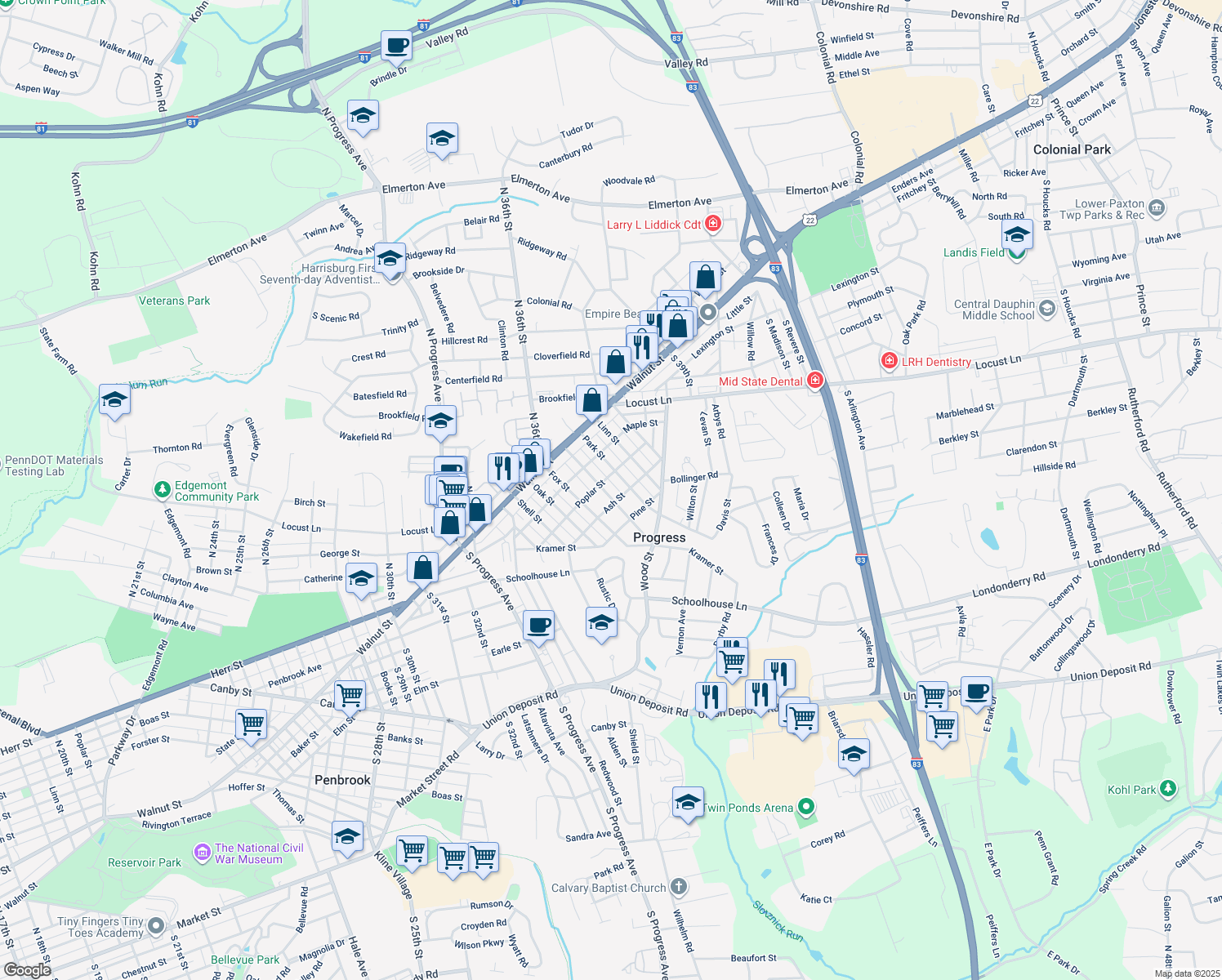 map of restaurants, bars, coffee shops, grocery stores, and more near 212 Fishburn Street in Harrisburg