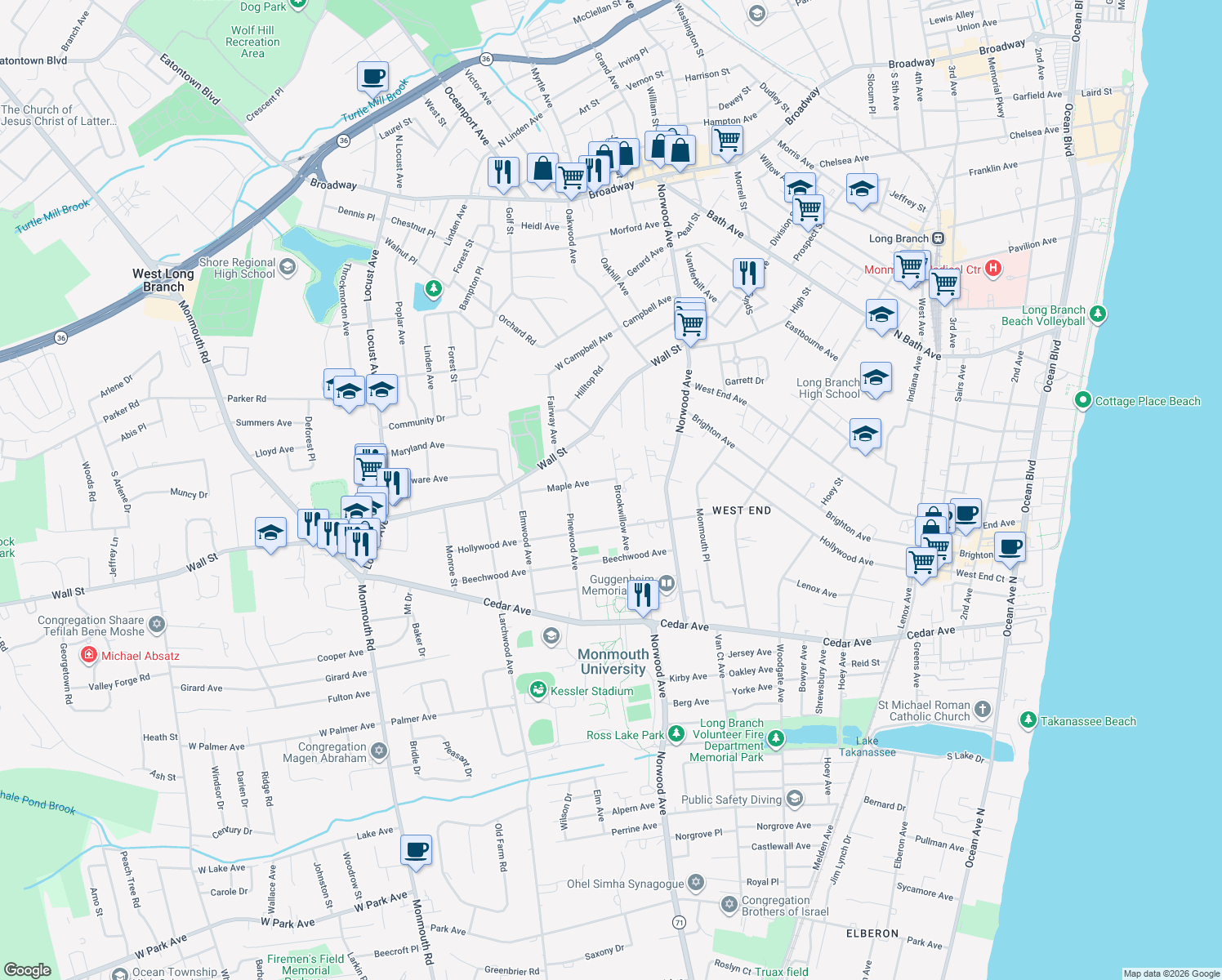 map of restaurants, bars, coffee shops, grocery stores, and more near 45 Brookwillow Avenue in West Long Branch