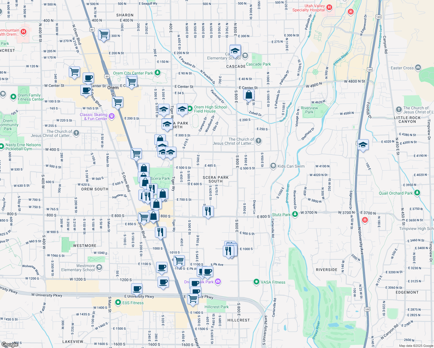 map of restaurants, bars, coffee shops, grocery stores, and more near 533 S 670 E in Orem