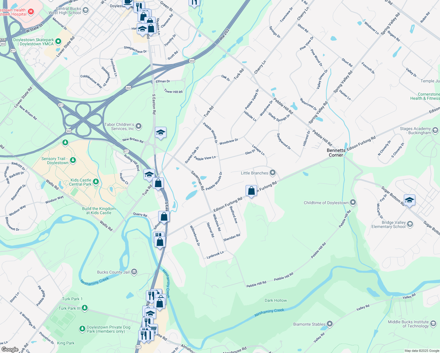 map of restaurants, bars, coffee shops, grocery stores, and more near 129 Pebble Woods Drive in Doylestown