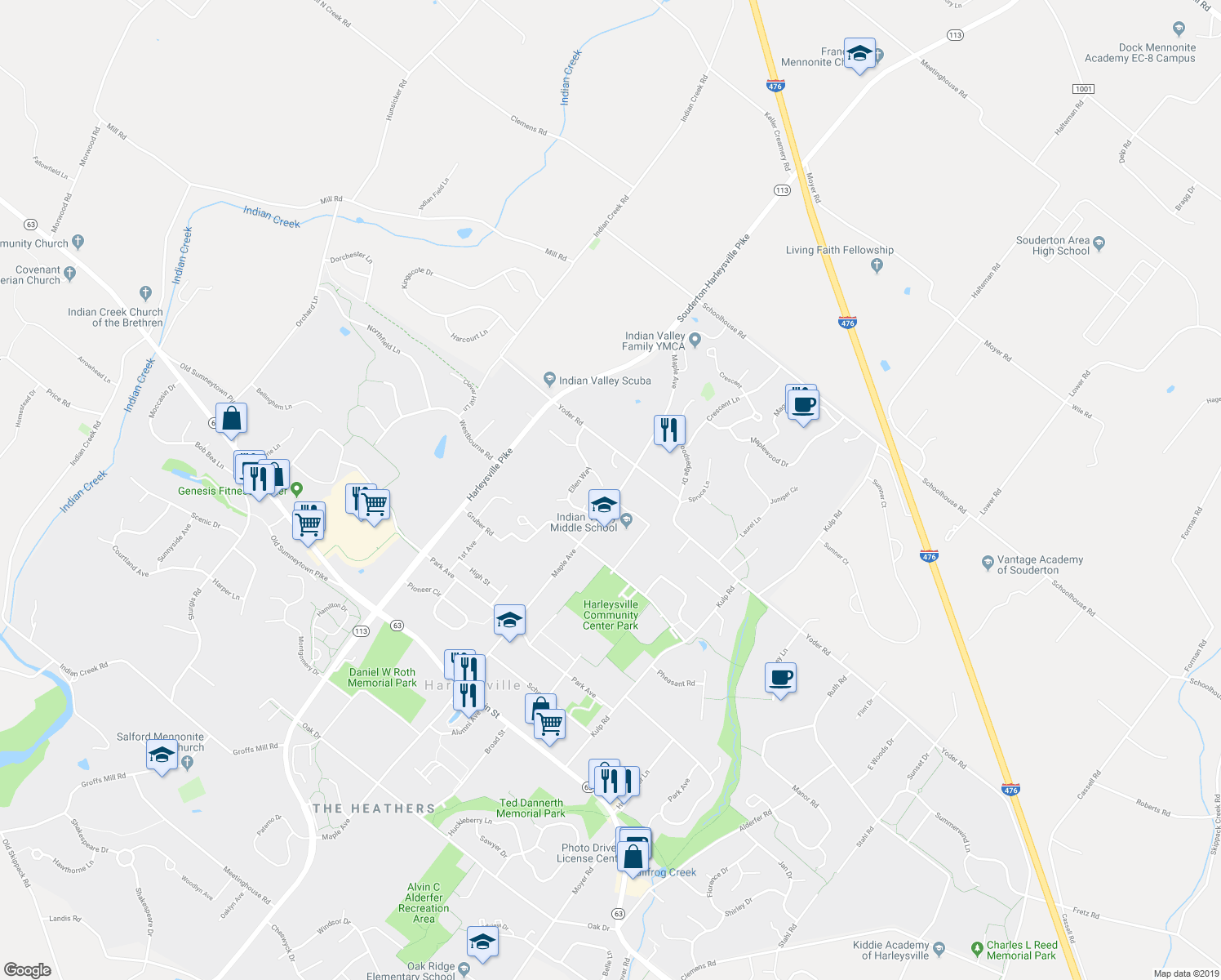 map of restaurants, bars, coffee shops, grocery stores, and more near 506 Devon Circle in Harleysville