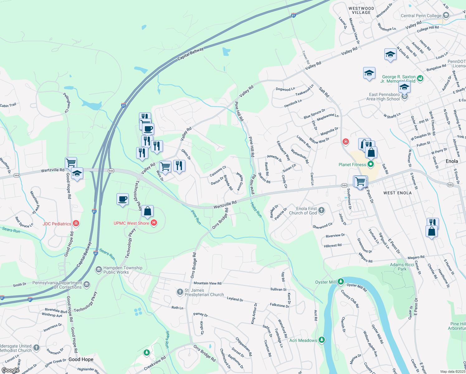 map of restaurants, bars, coffee shops, grocery stores, and more near 2175 Brigade Road in Enola
