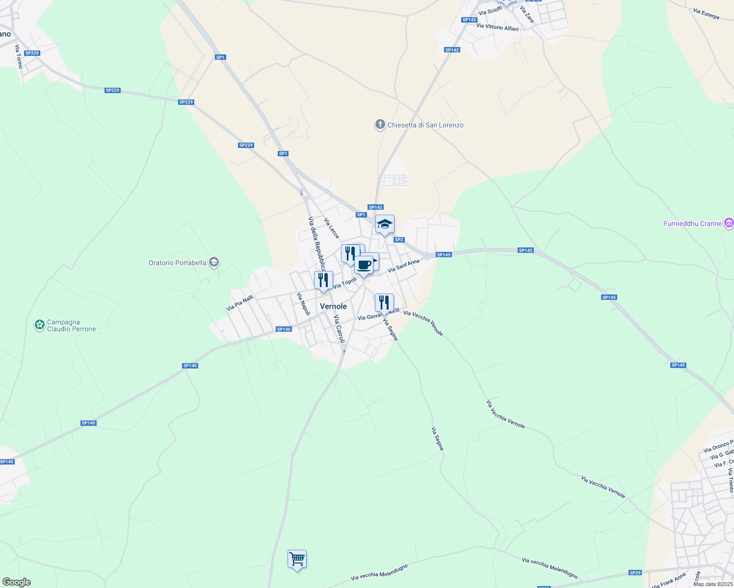 map of restaurants, bars, coffee shops, grocery stores, and more near 69 Via Roma in Vernole