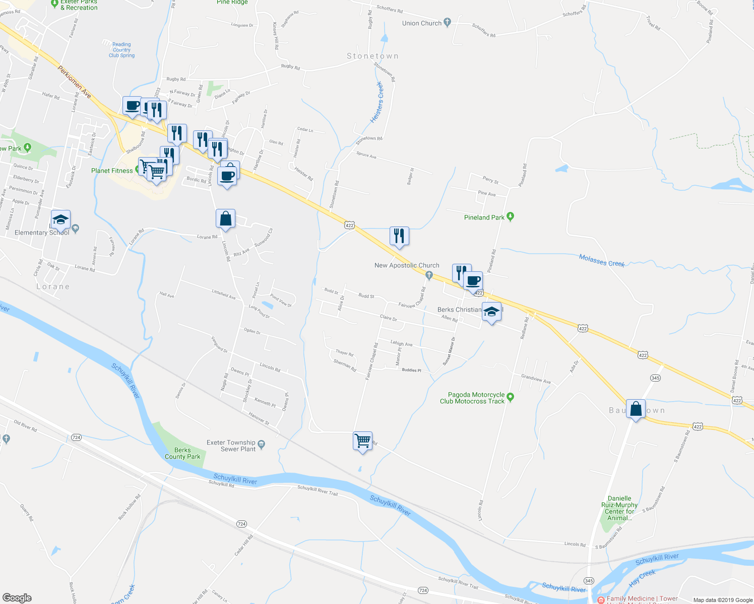 map of restaurants, bars, coffee shops, grocery stores, and more near 1322 Budd Street in Birdsboro