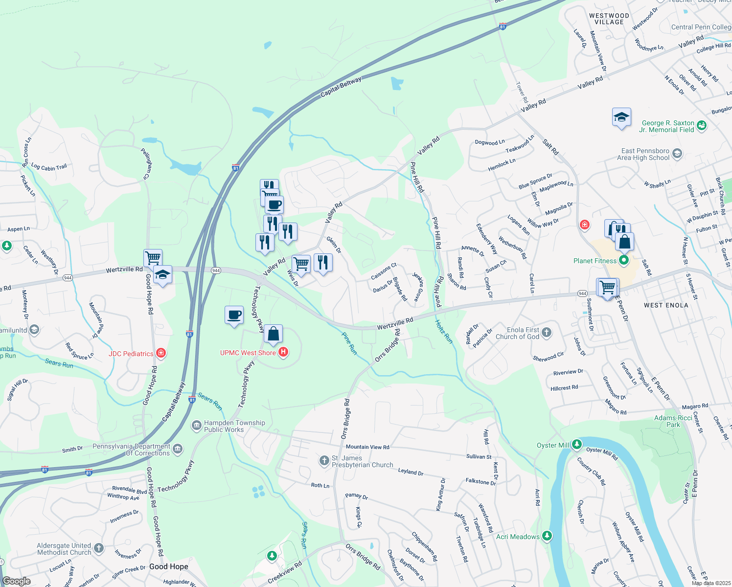 map of restaurants, bars, coffee shops, grocery stores, and more near 4117 Darius Drive in Enola