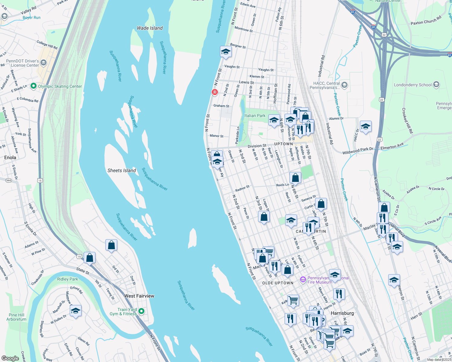 map of restaurants, bars, coffee shops, grocery stores, and more near 2644 North 2nd Street in Harrisburg