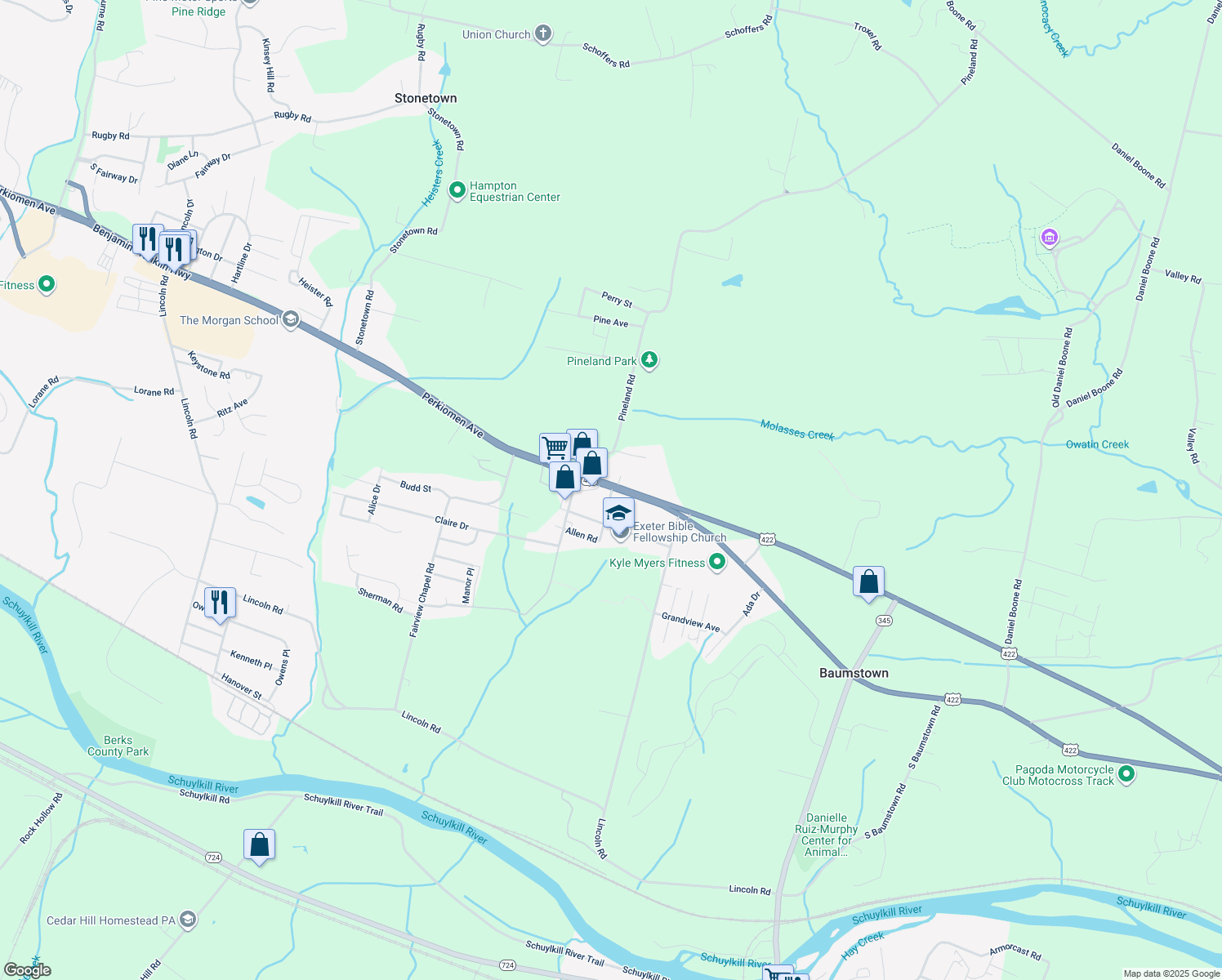 map of restaurants, bars, coffee shops, grocery stores, and more near 6714 Perkiomen Avenue in Birdsboro
