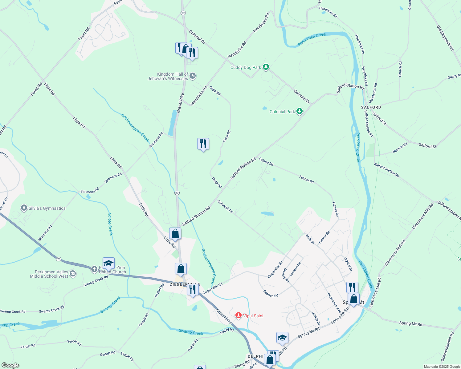 map of restaurants, bars, coffee shops, grocery stores, and more near 203 Salford Station Road in Perkiomenville