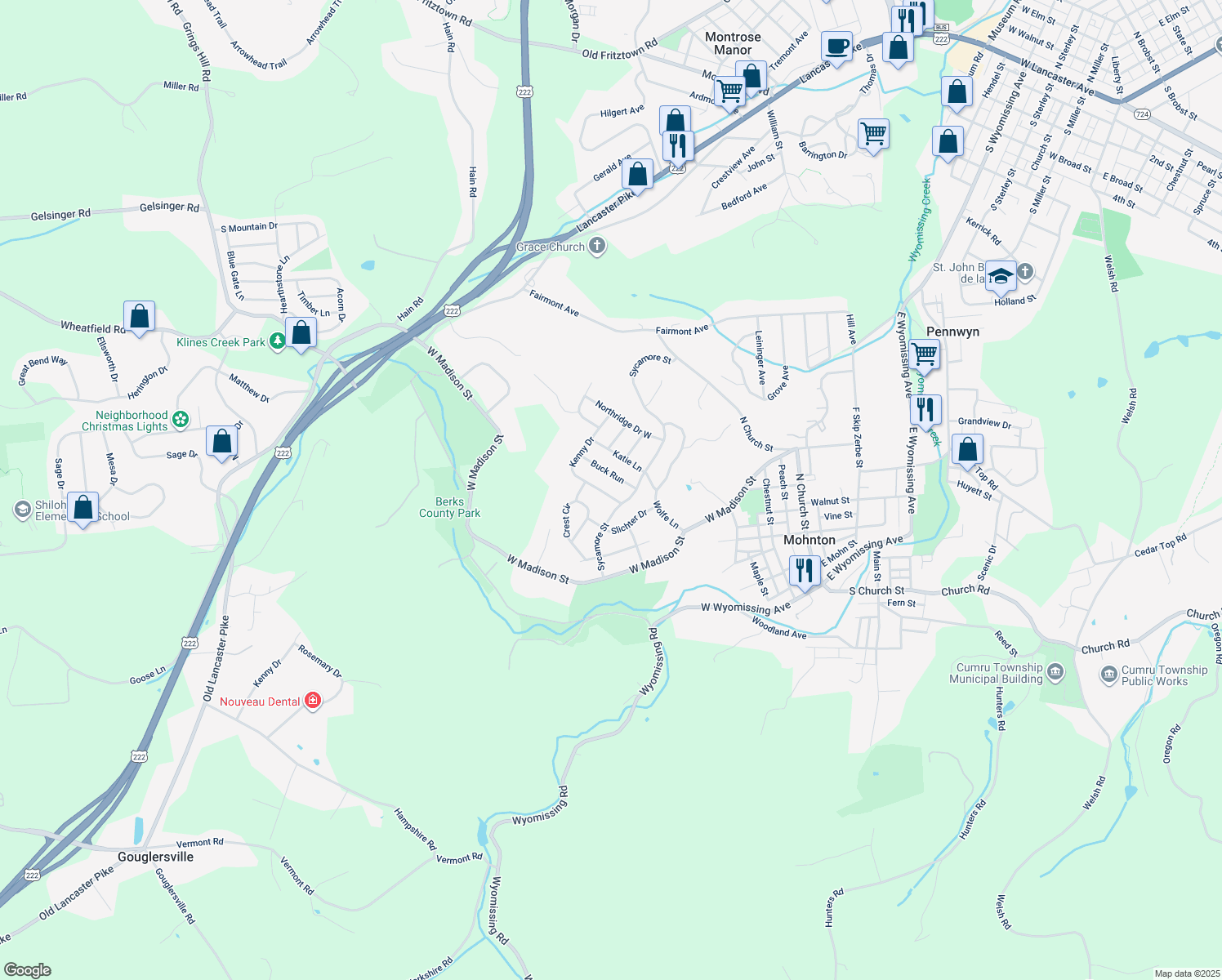 map of restaurants, bars, coffee shops, grocery stores, and more near 5 Kenny Drive in Mohnton