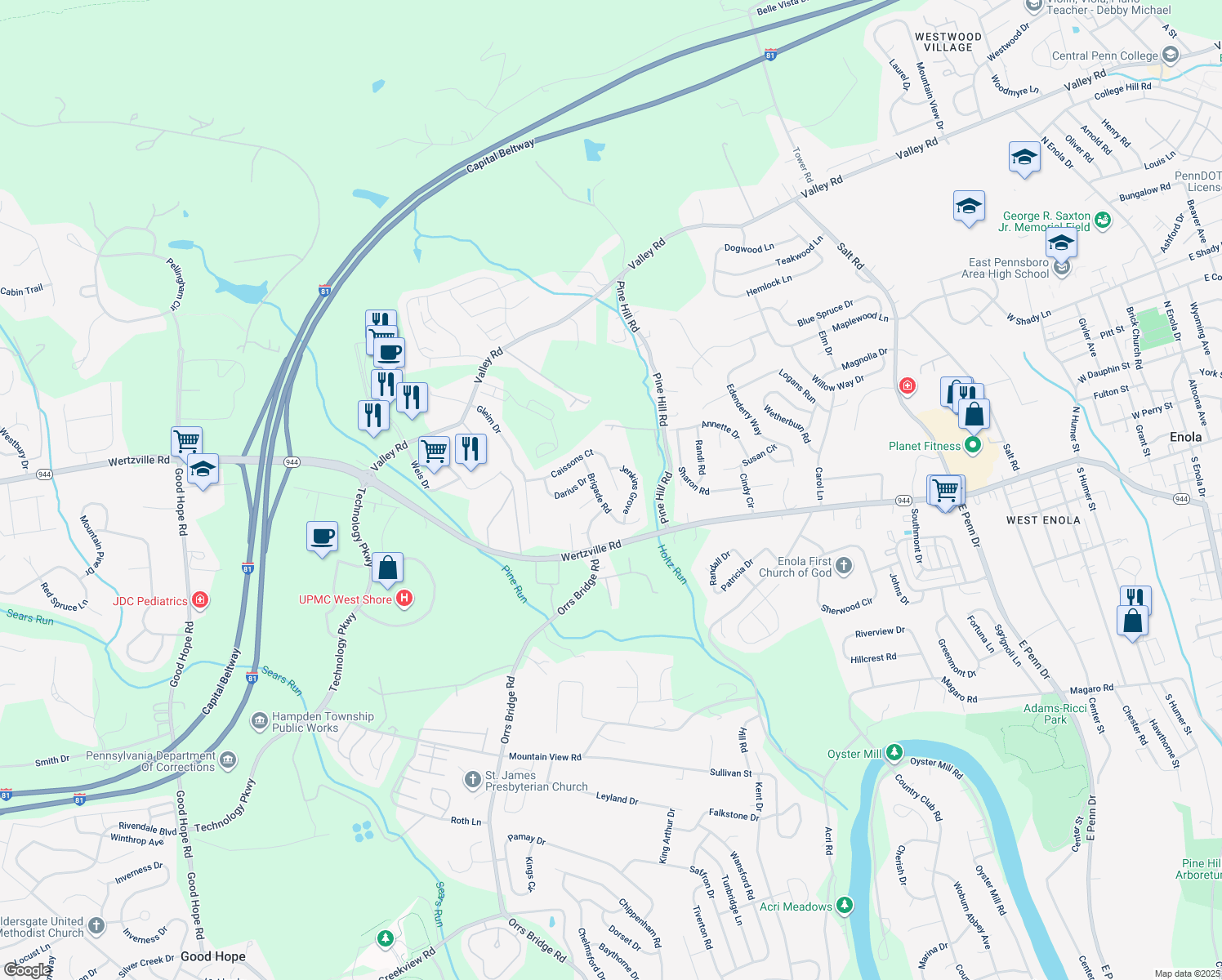 map of restaurants, bars, coffee shops, grocery stores, and more near 4031 Caissons Court in Enola