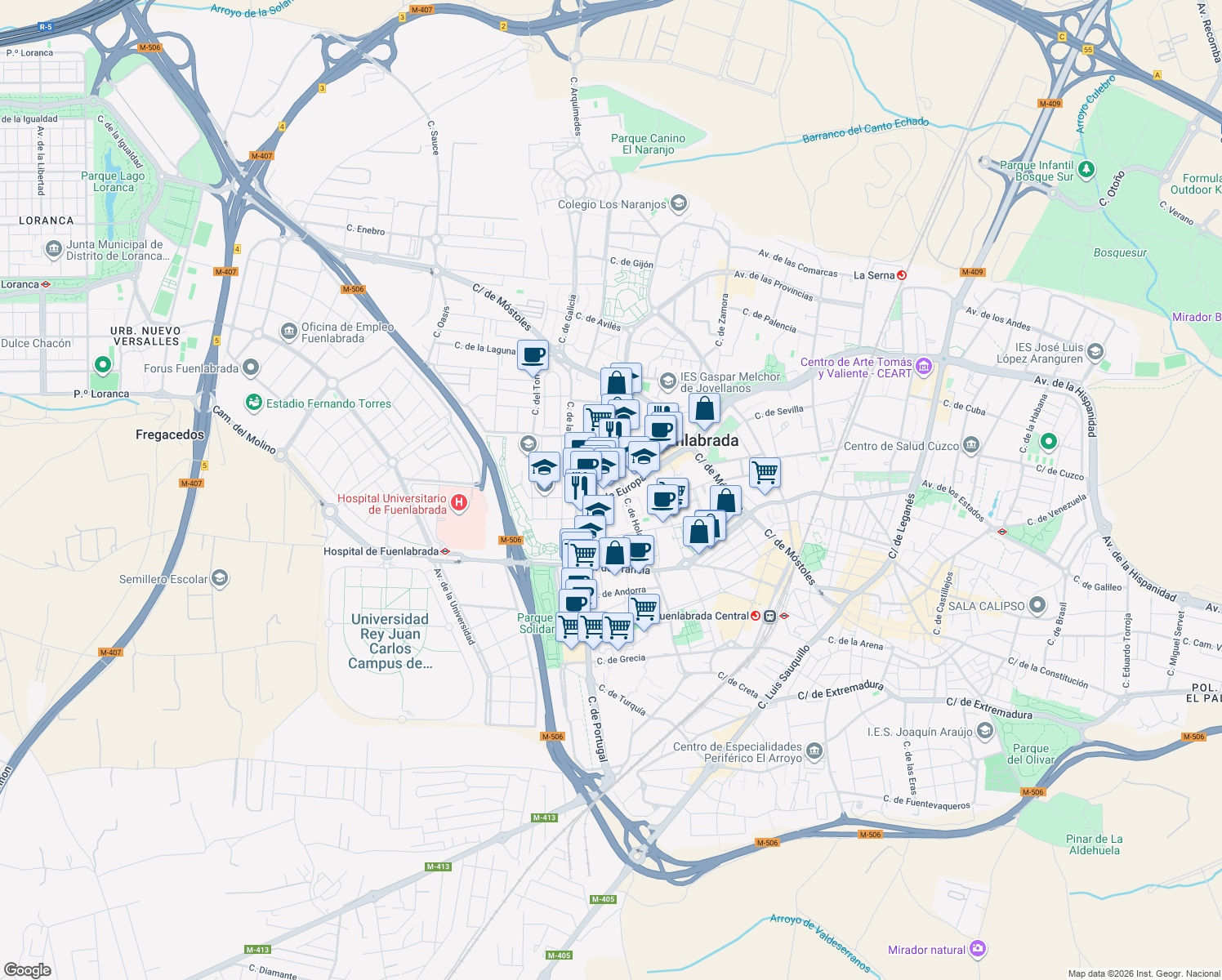 map of restaurants, bars, coffee shops, grocery stores, and more near 10 Calle de Escocia in Fuenlabrada