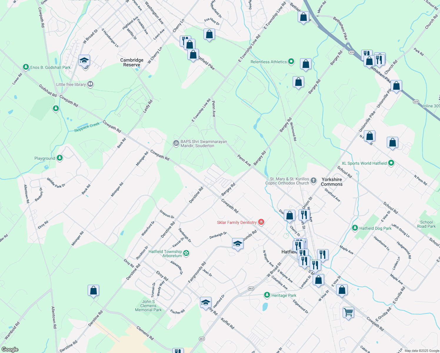 map of restaurants, bars, coffee shops, grocery stores, and more near 20 Holiday Avenue in Hatfield