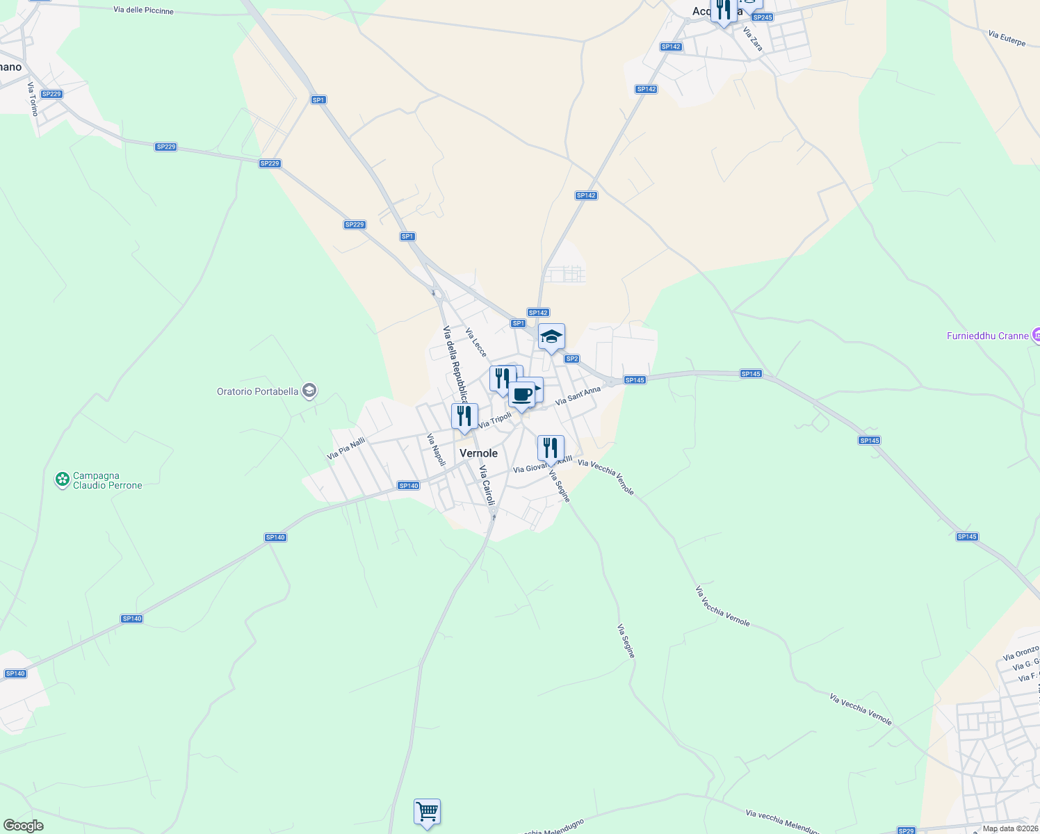 map of restaurants, bars, coffee shops, grocery stores, and more near 2 Piazza Vittorio Veneto in Vernole