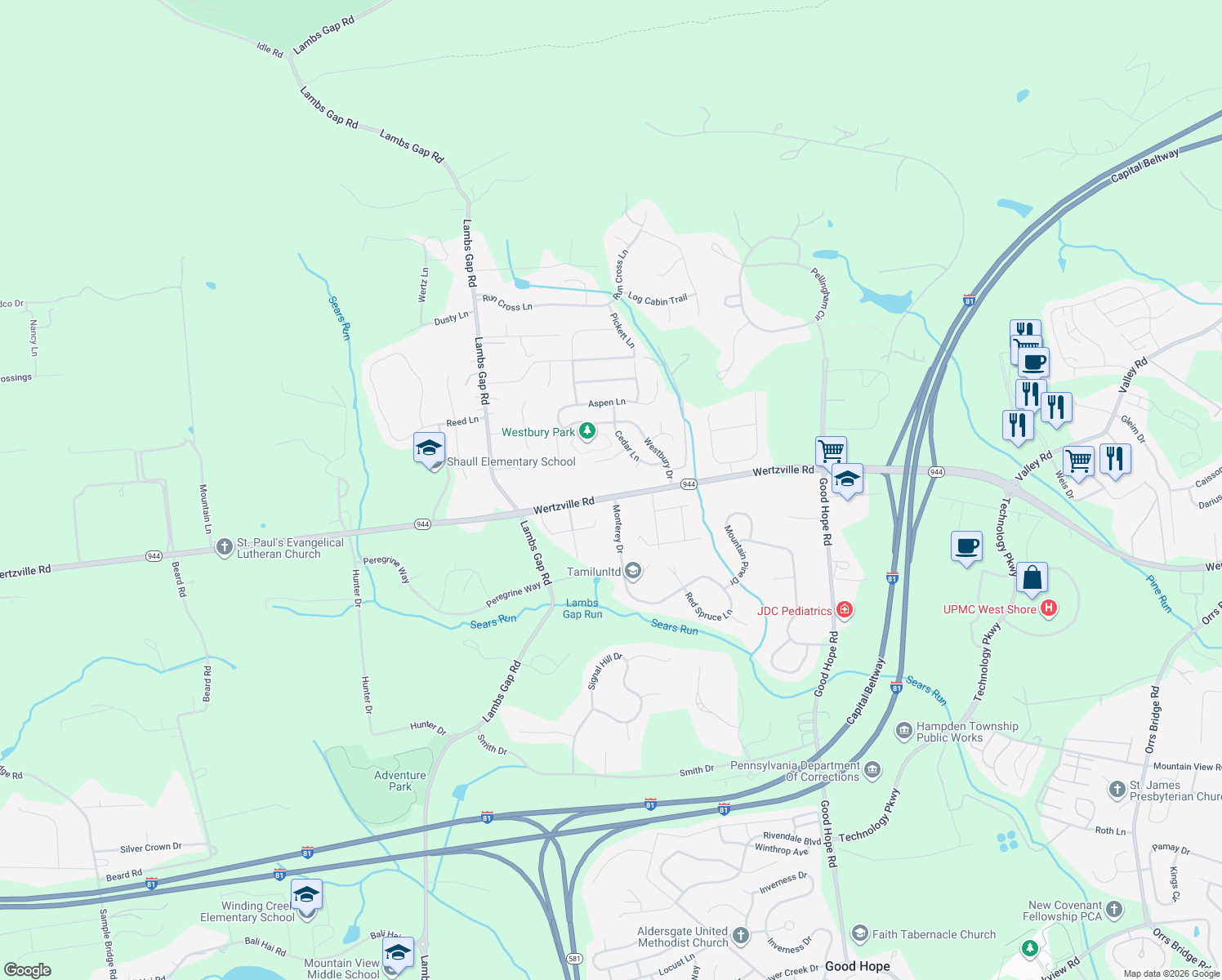 map of restaurants, bars, coffee shops, grocery stores, and more near 5700 Wertzville Rd in Enola