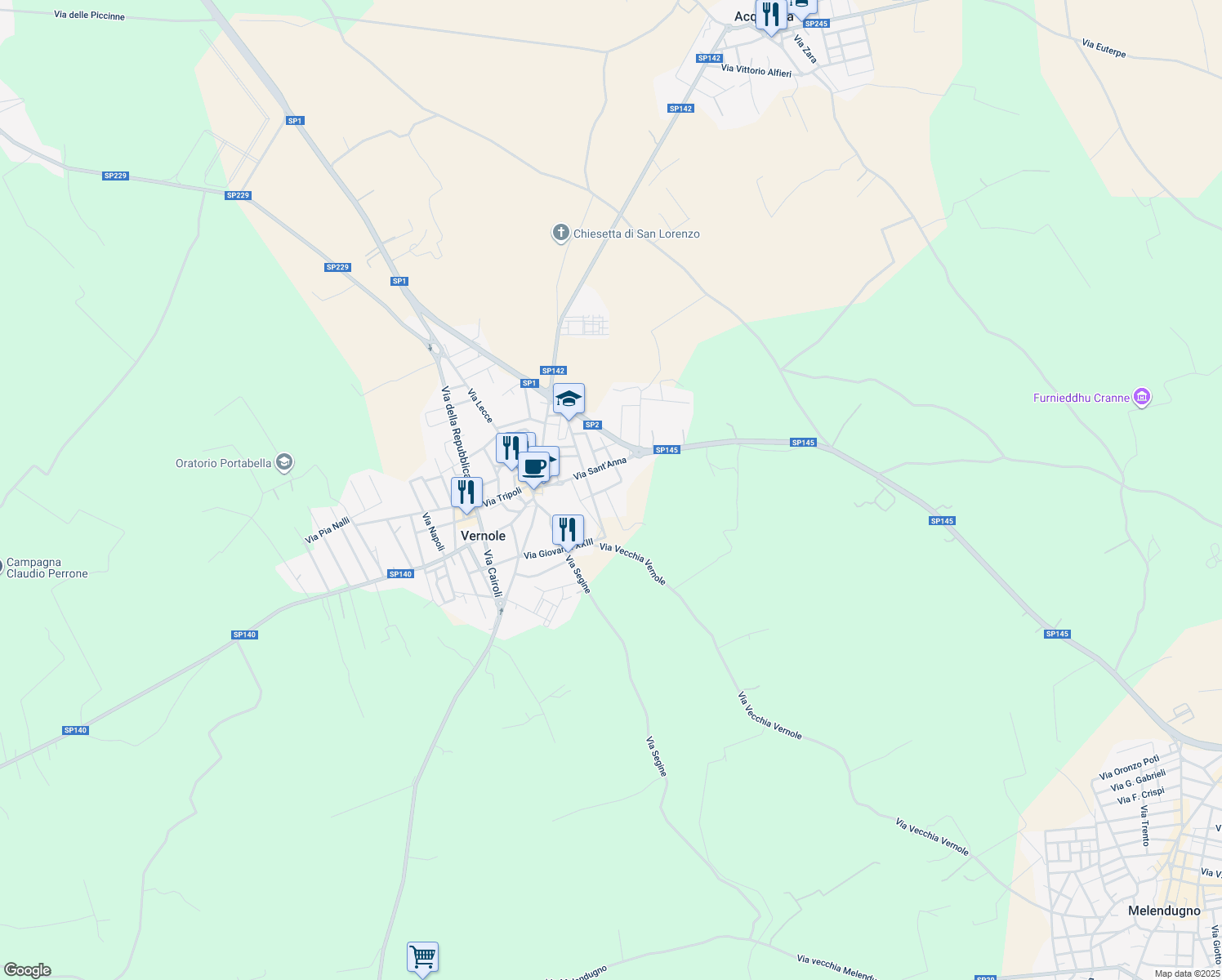 map of restaurants, bars, coffee shops, grocery stores, and more near 16 Via Torino in Vernole