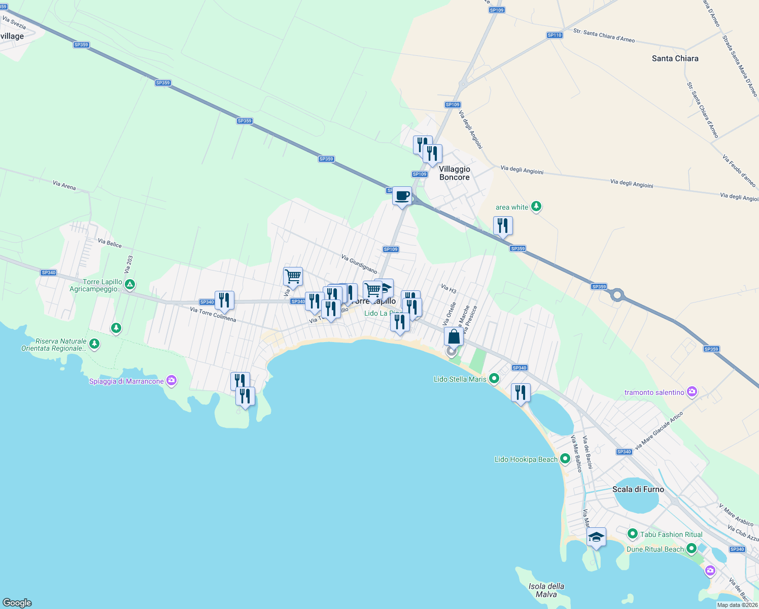 map of restaurants, bars, coffee shops, grocery stores, and more near 27 Via G. de Dominicis in Torre Lapillo