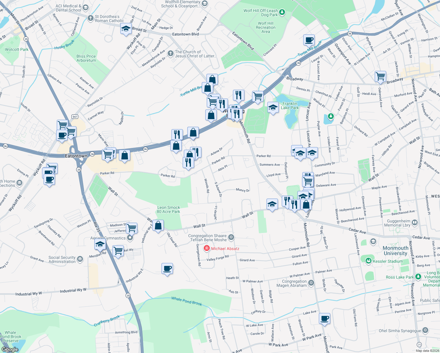 map of restaurants, bars, coffee shops, grocery stores, and more near 5 James Court in West Long Branch