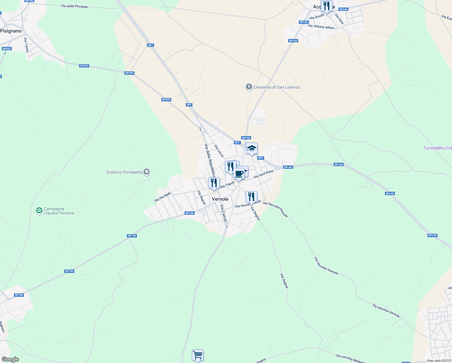 map of restaurants, bars, coffee shops, grocery stores, and more near 45 Via S.Nicola in Vernole