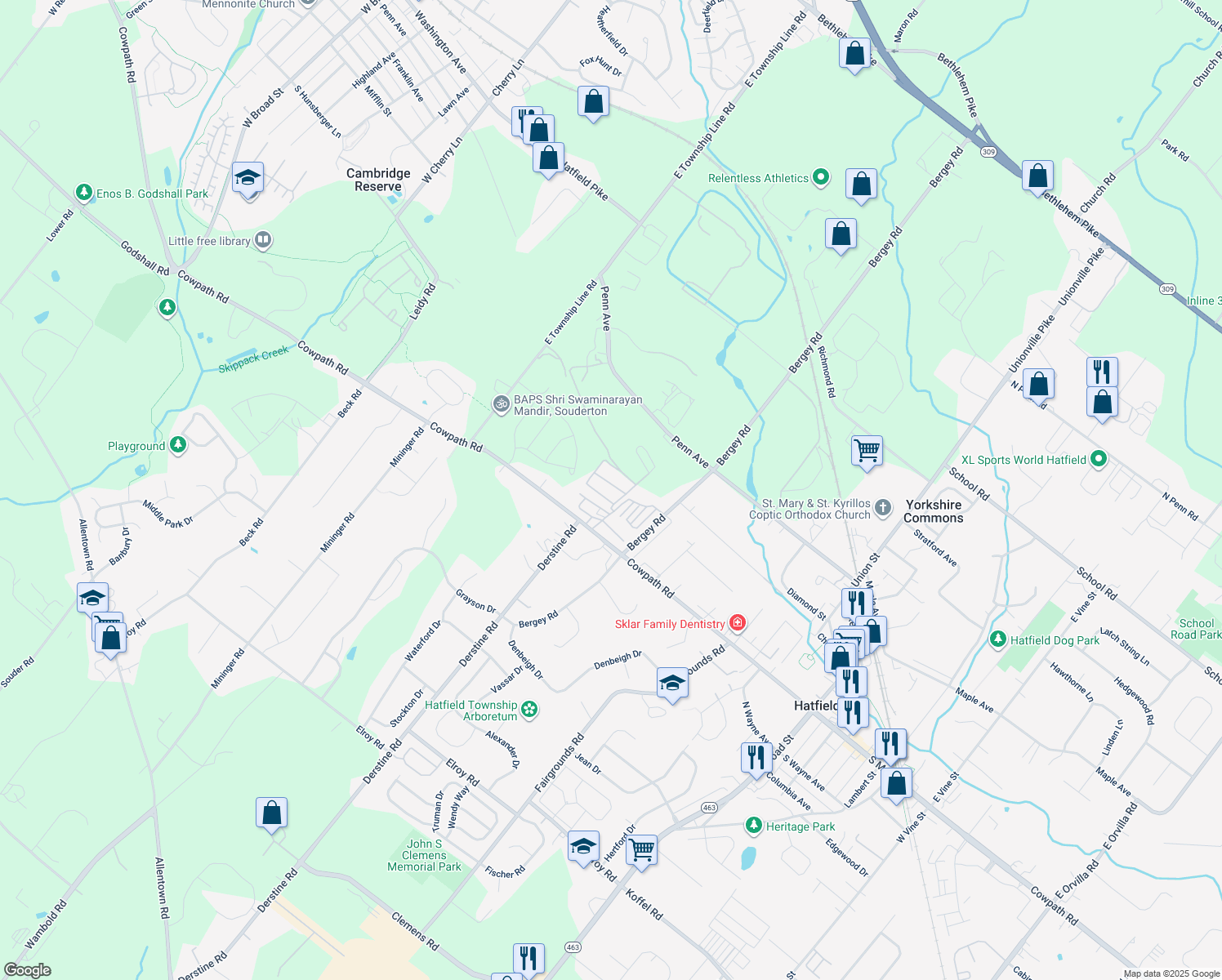 map of restaurants, bars, coffee shops, grocery stores, and more near 8 Mansion Avenue in Hatfield