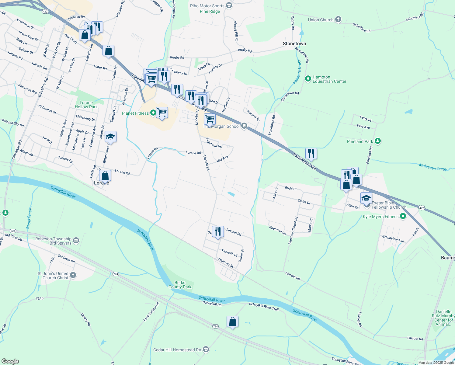 map of restaurants, bars, coffee shops, grocery stores, and more near 533 Pintail Lane in Birdsboro