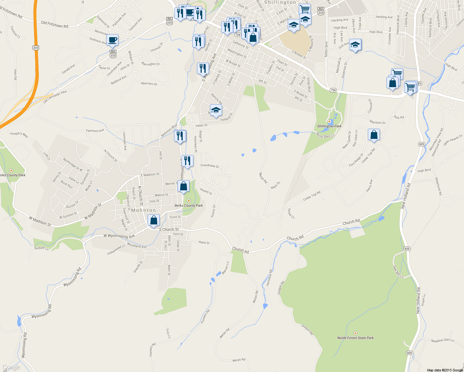 map of restaurants, bars, coffee shops, grocery stores, and more near 415 Calyn Dr in Reading