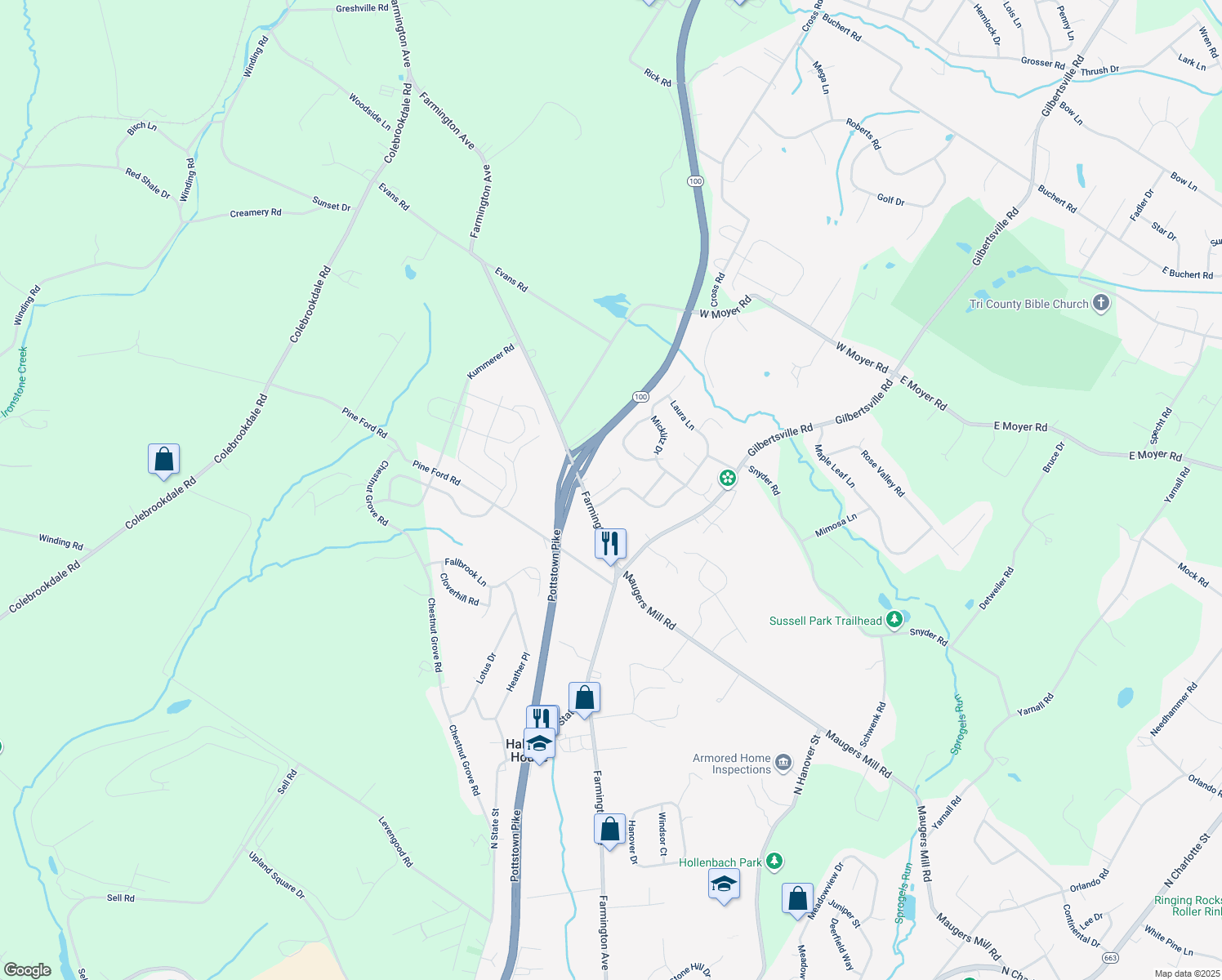map of restaurants, bars, coffee shops, grocery stores, and more near 1463 Laura Lane in Pottstown