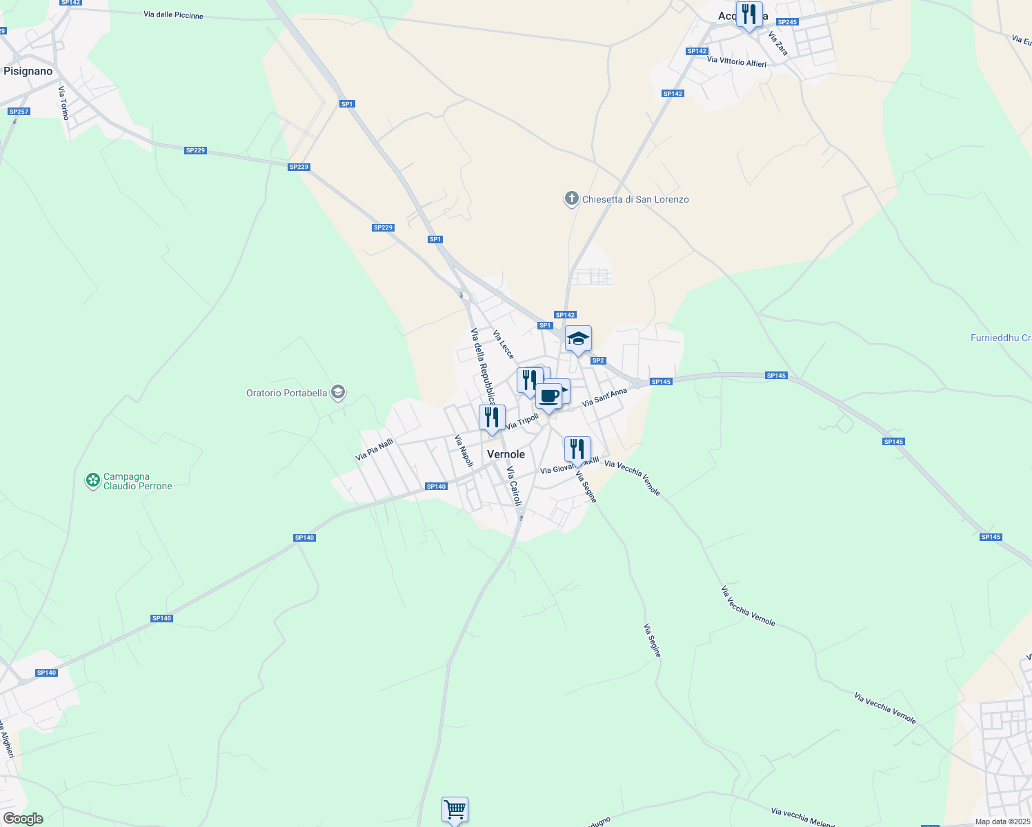map of restaurants, bars, coffee shops, grocery stores, and more near 45 Via S.Nicola in Vernole