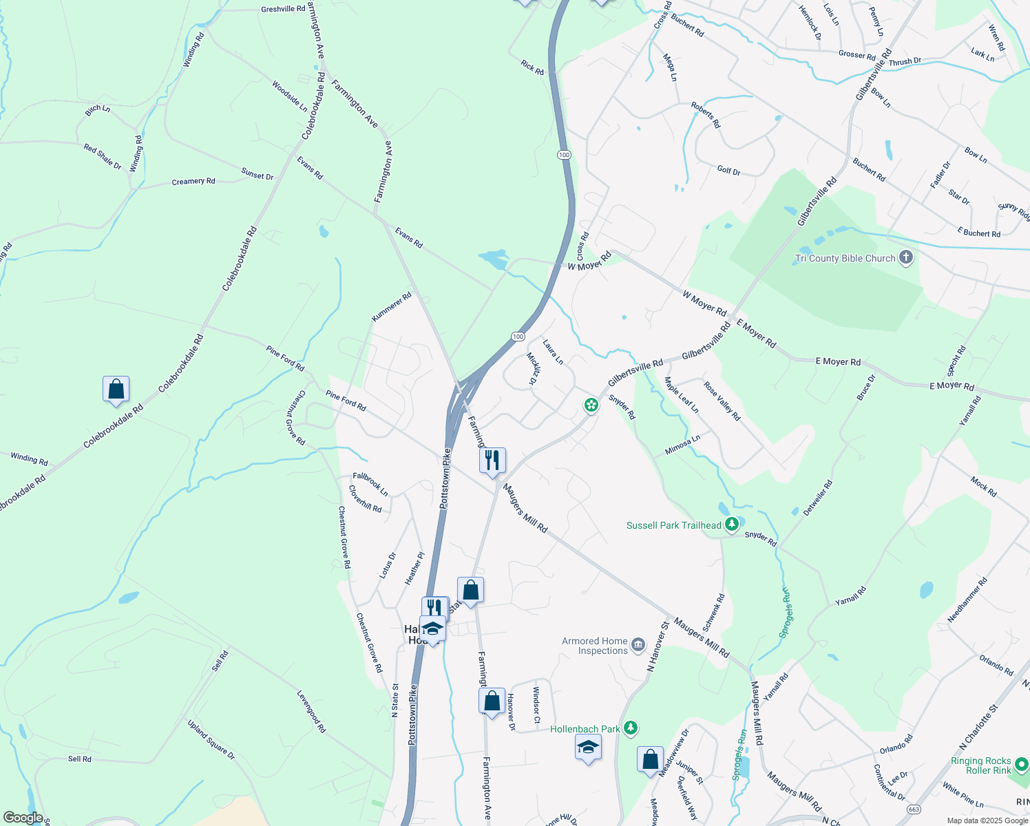 map of restaurants, bars, coffee shops, grocery stores, and more near 1535 Laura Lane in Pottstown