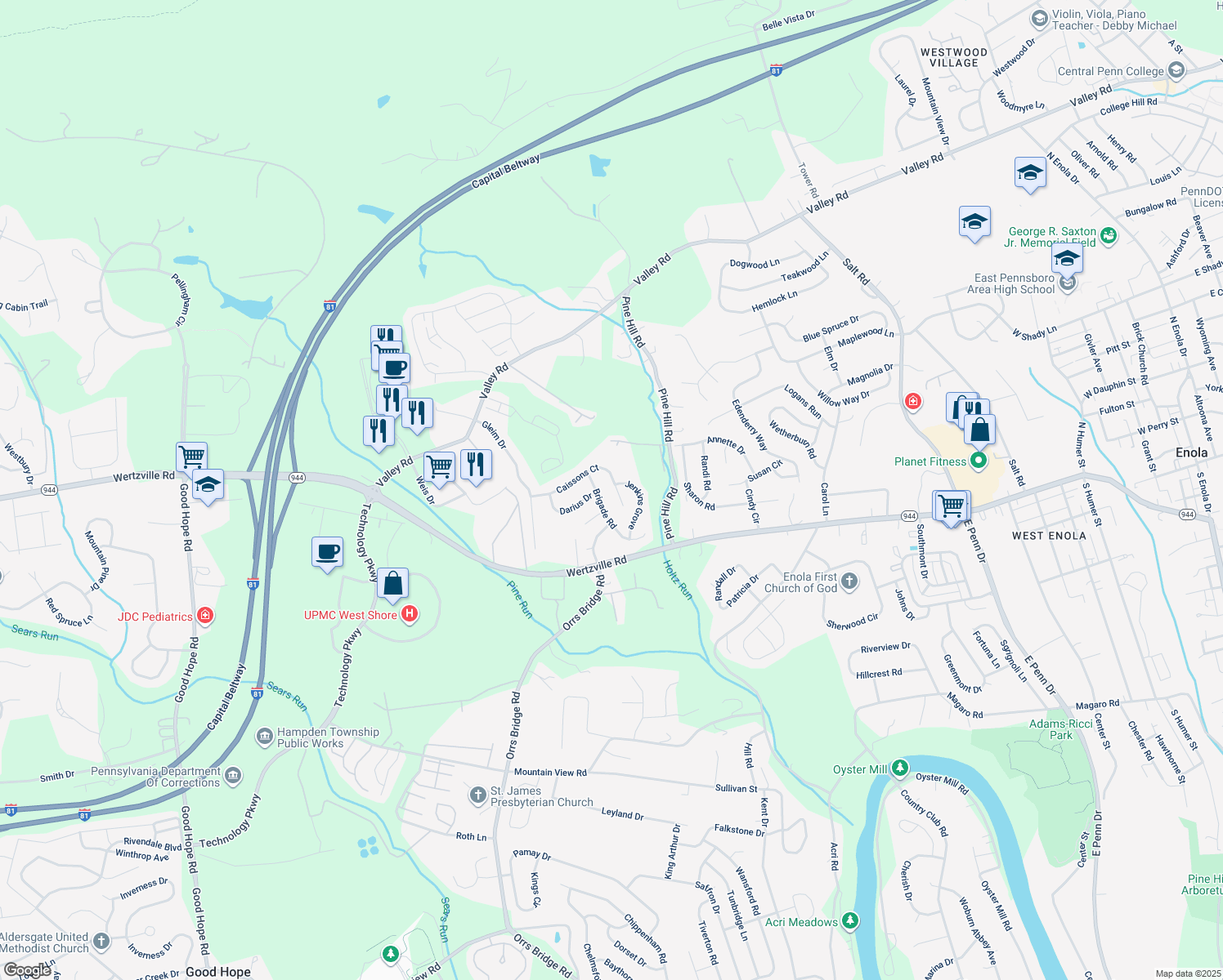 map of restaurants, bars, coffee shops, grocery stores, and more near 4037 Caissons Court in Enola