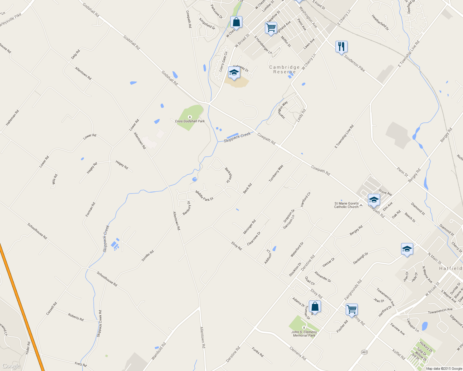 map of restaurants, bars, coffee shops, grocery stores, and more near 340 Middle Park Drive in Souderton