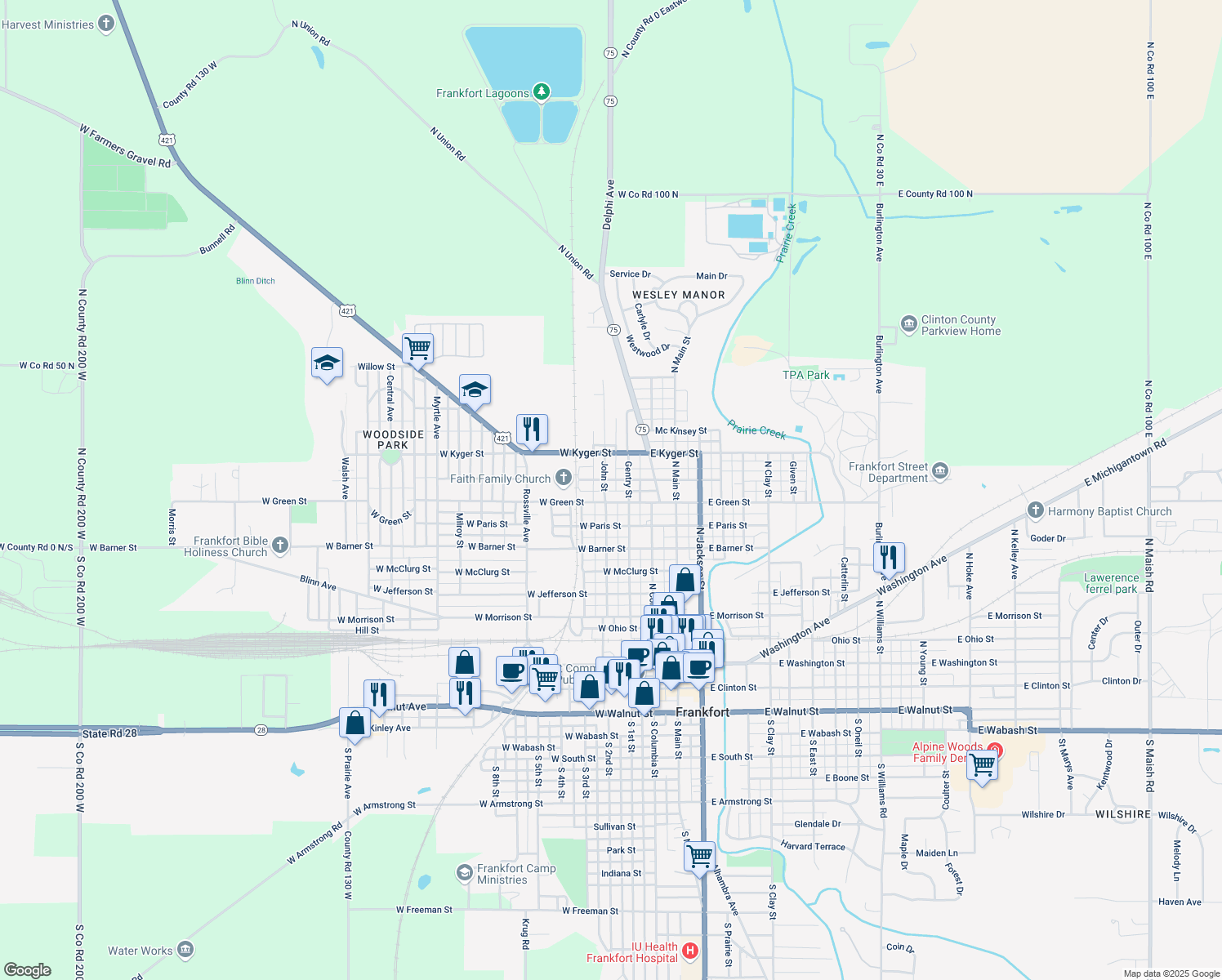 map of restaurants, bars, coffee shops, grocery stores, and more near 951 John St in Frankfort