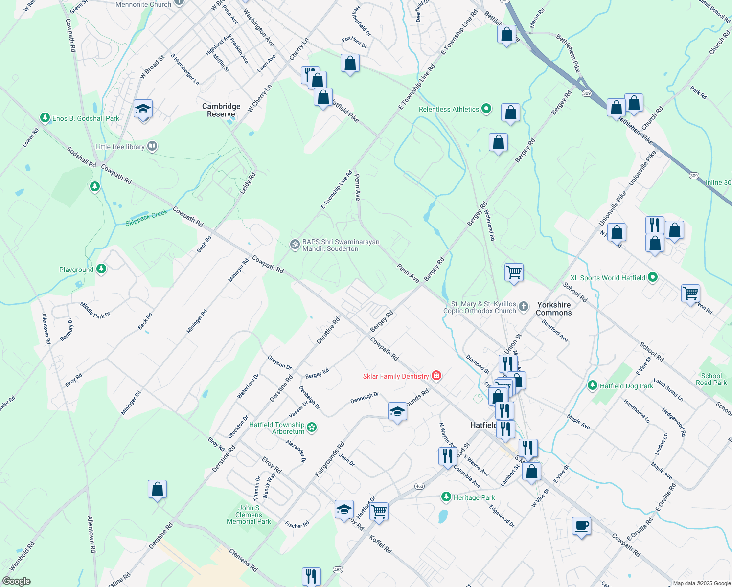 map of restaurants, bars, coffee shops, grocery stores, and more near 5 Mansion Avenue in Hatfield