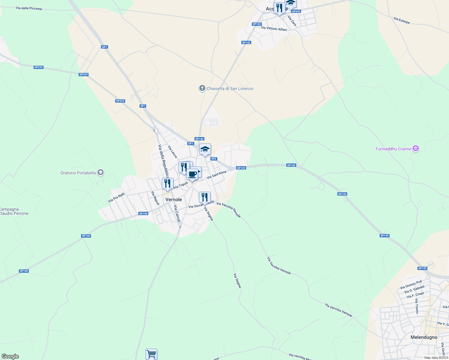 map of restaurants, bars, coffee shops, grocery stores, and more near 16 Via Torino in Vernole