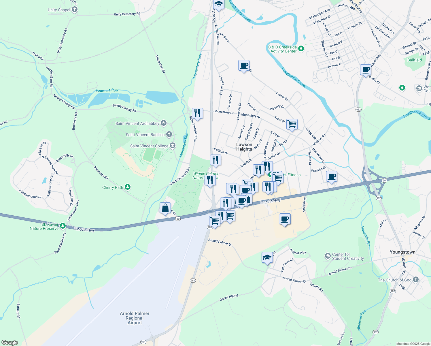 map of restaurants, bars, coffee shops, grocery stores, and more near 11 Terry Way in Latrobe