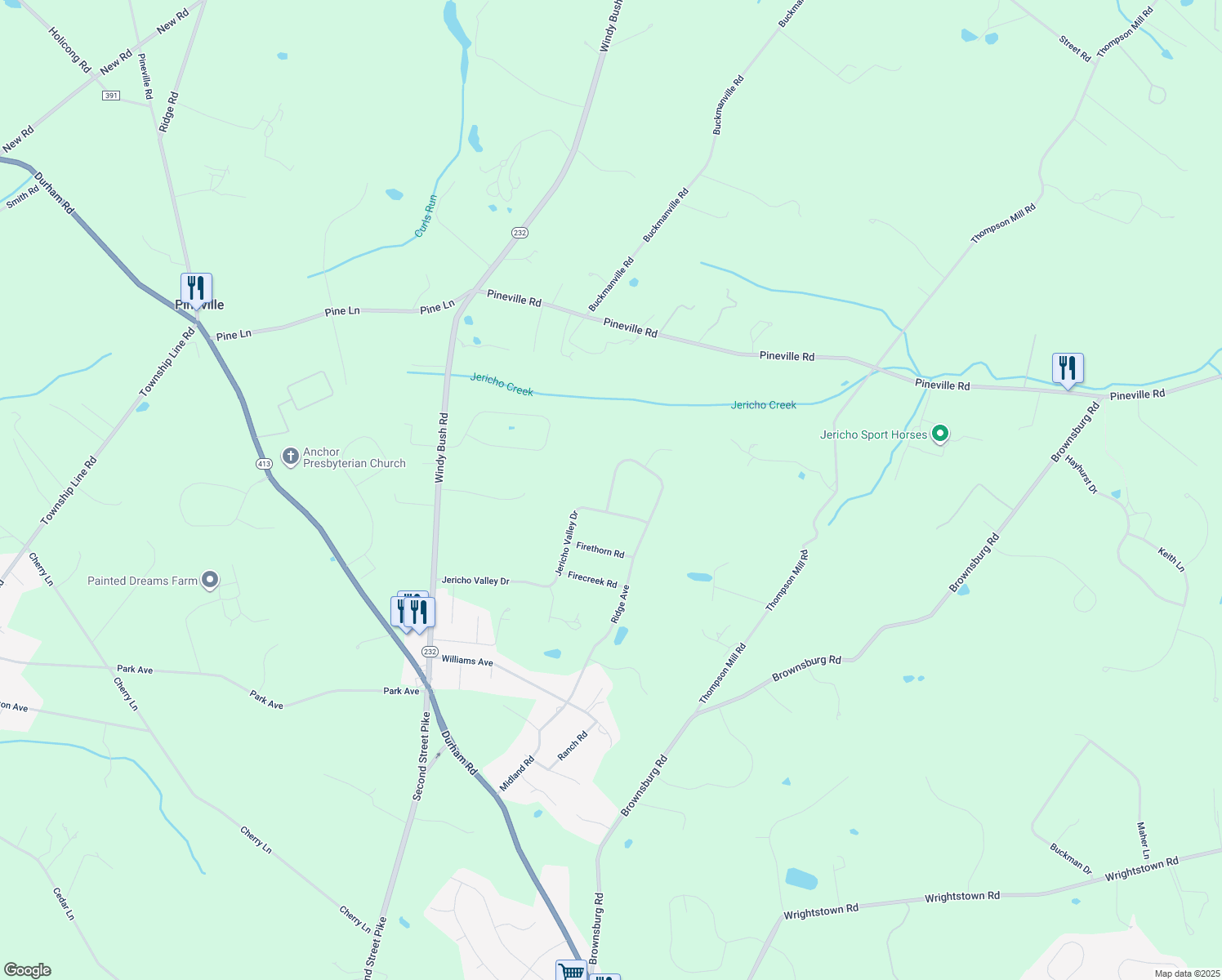 map of restaurants, bars, coffee shops, grocery stores, and more near 324 Hunters Wood Drive in Newtown