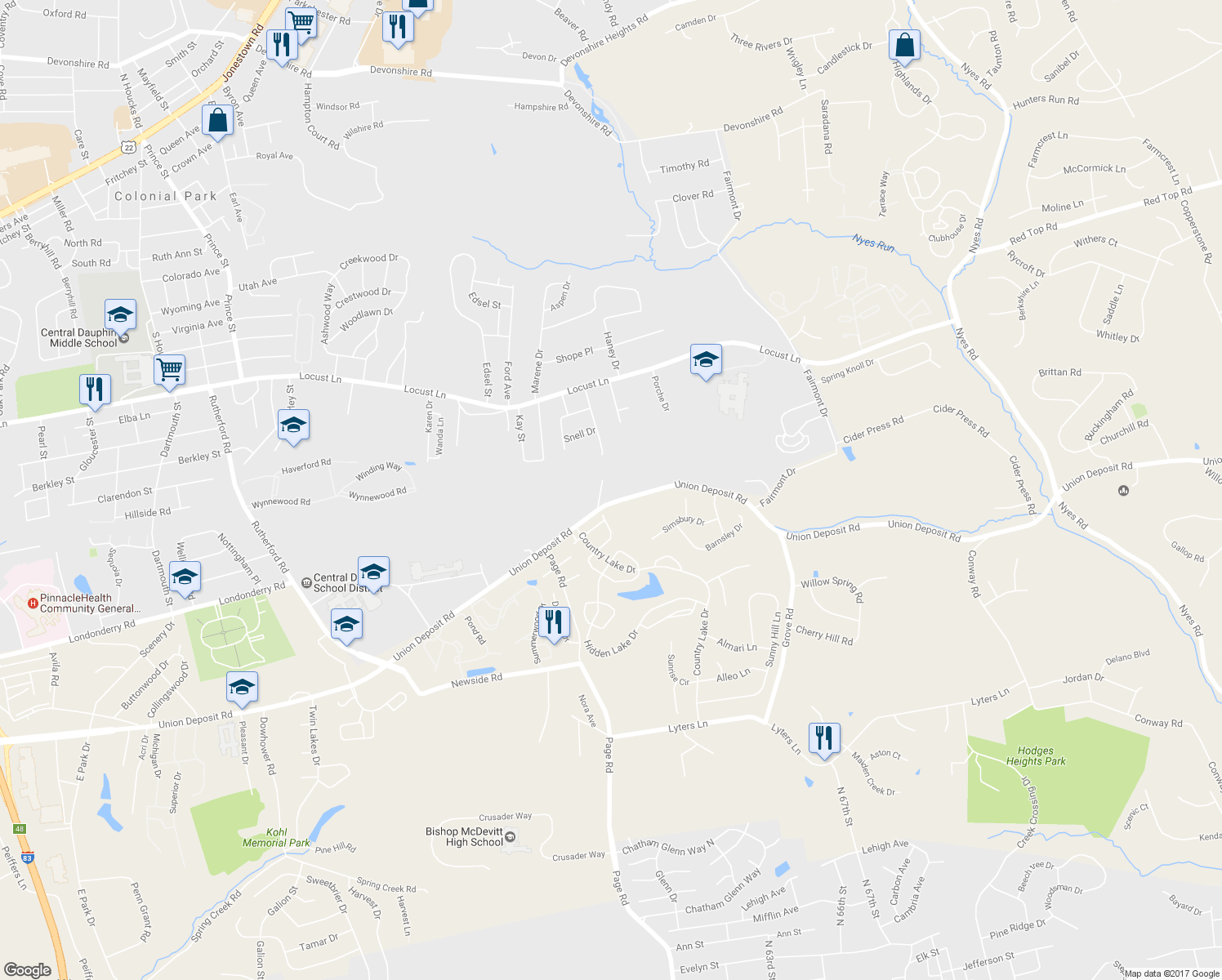 map of restaurants, bars, coffee shops, grocery stores, and more near 5730 Union Deposit Road in Harrisburg