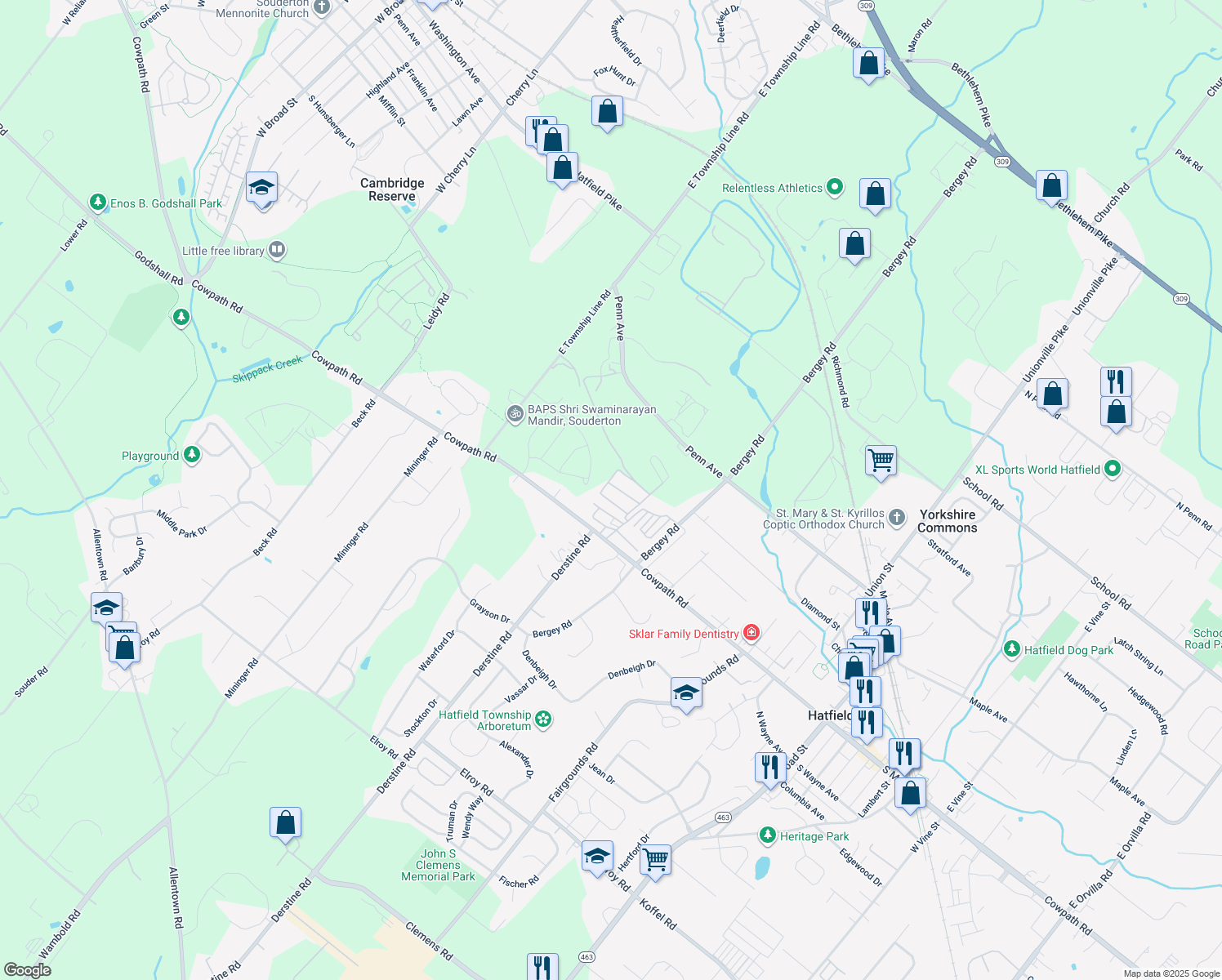 map of restaurants, bars, coffee shops, grocery stores, and more near 18 Mansion Avenue in Hatfield