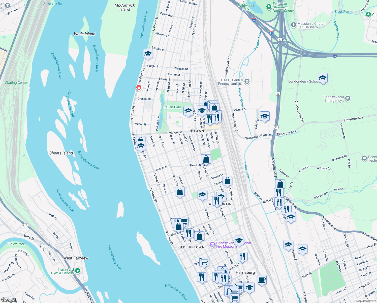 map of restaurants, bars, coffee shops, grocery stores, and more near 2632 Reel Street in Harrisburg