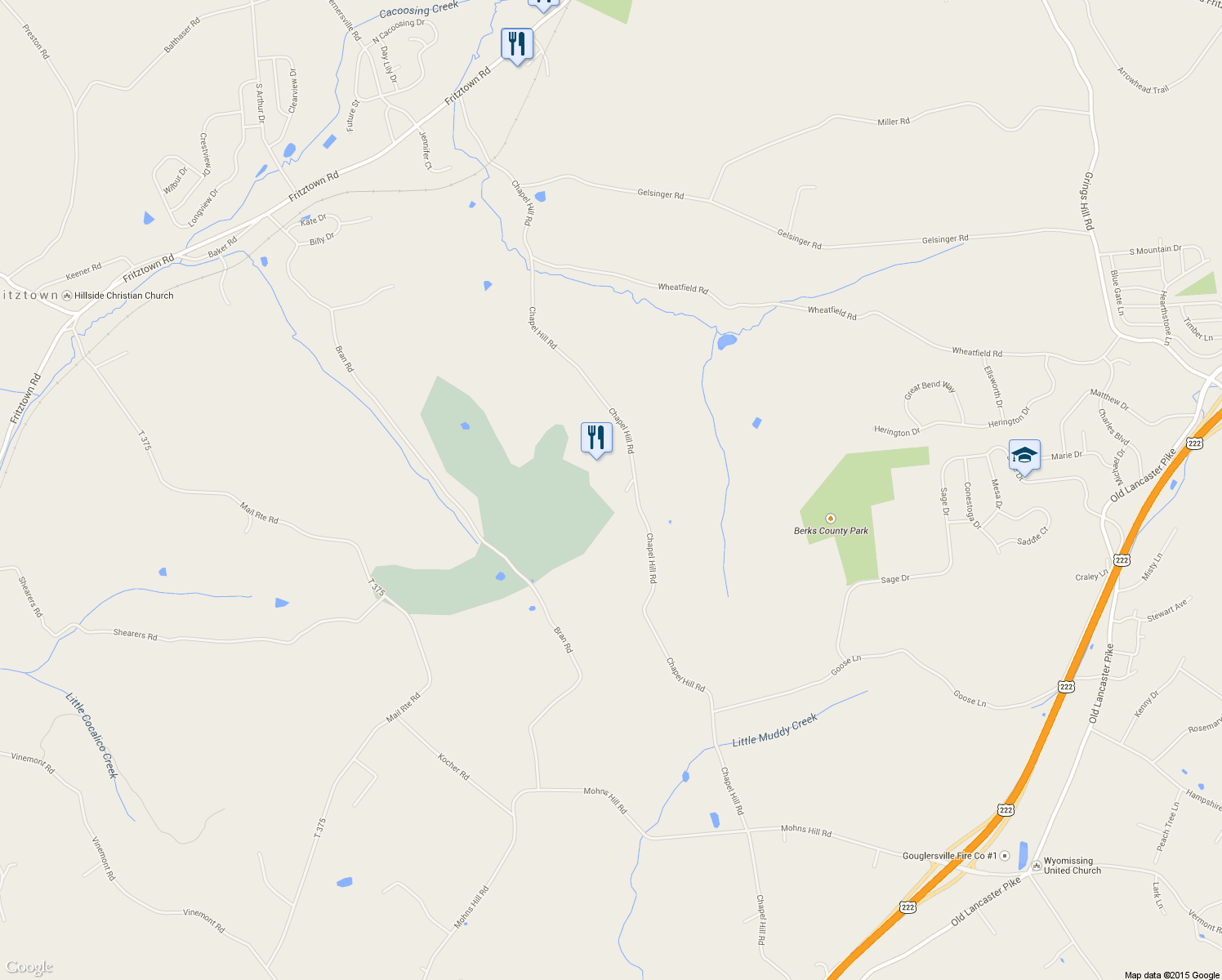 map of restaurants, bars, coffee shops, grocery stores, and more near 241 Chapel Hill Road in Sinking Spring