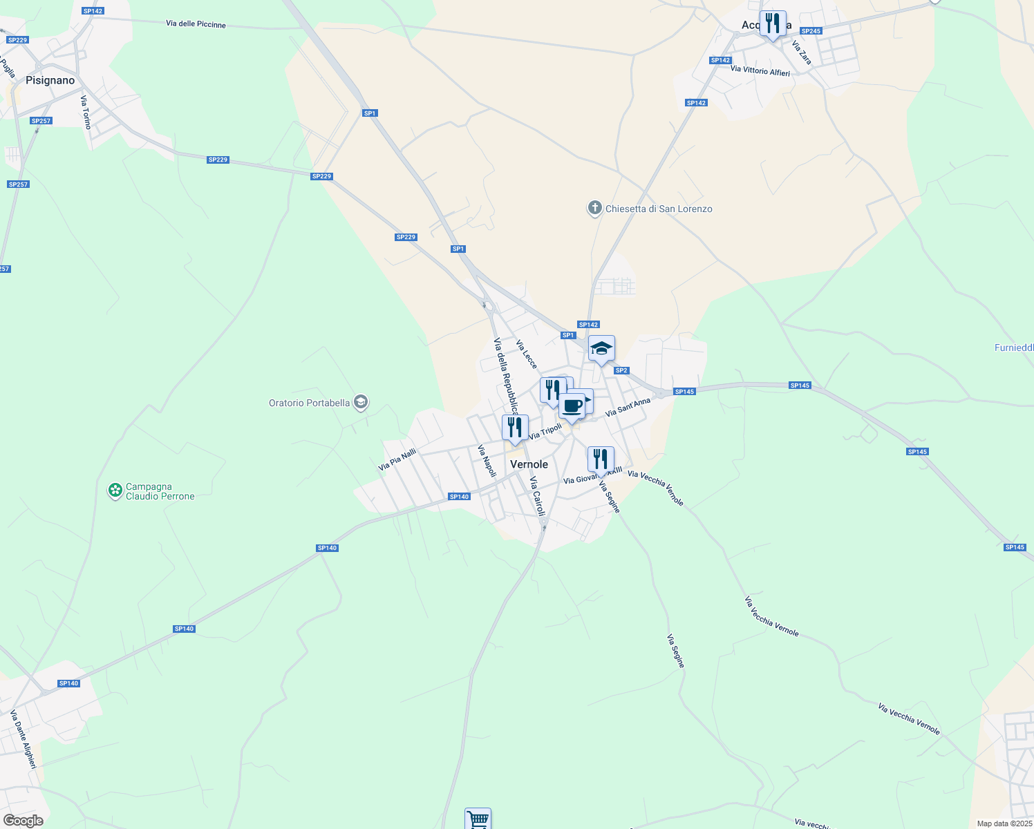 map of restaurants, bars, coffee shops, grocery stores, and more near 30 Via della Repubblica in Vernole
